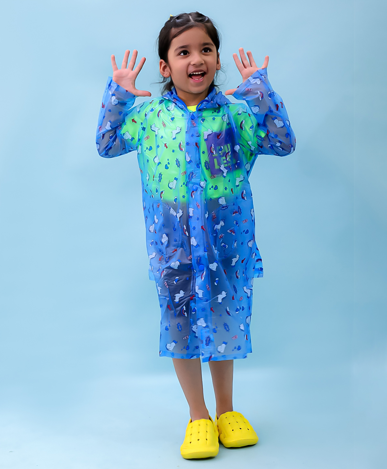 M'andy Full Sleeves Unicorns Printed Hooded Raincoat - Sky Blue