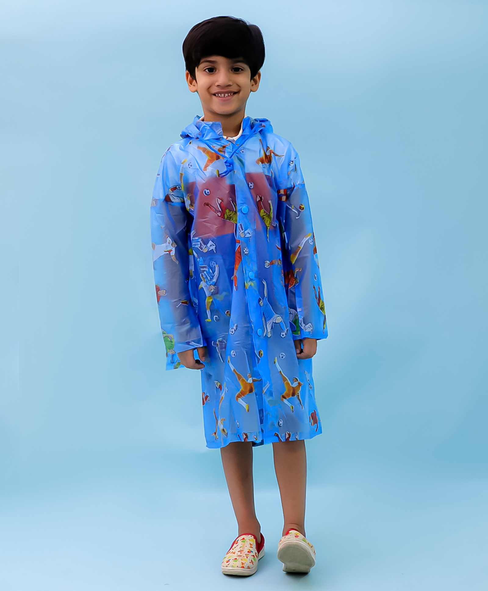 M'andy Polyester Full Sleeves Football Players Printed Hooded Raincoat - Light Blue