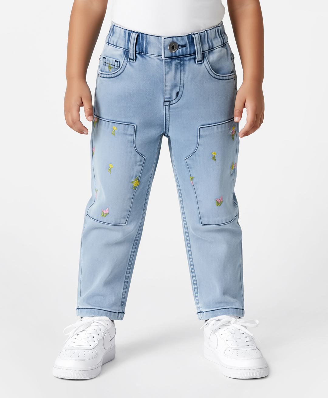 Bonfino Woven Full Length Washed Jeans With Floral Embroidery - Light Blue-picture-24