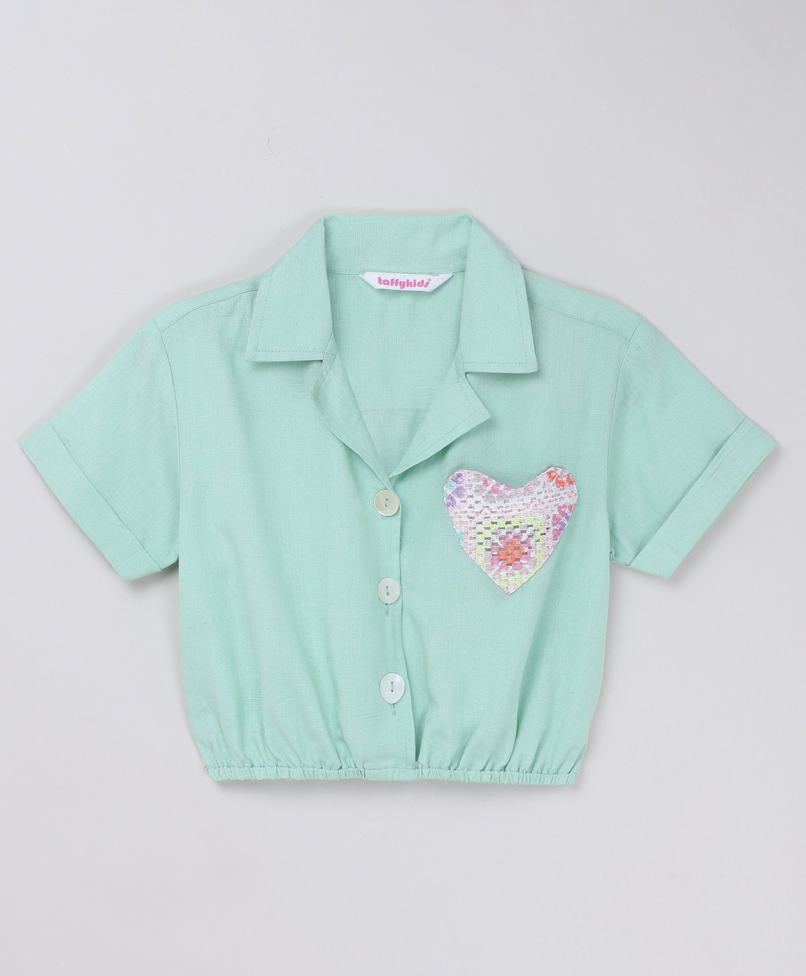 Taffykids Viscose Linen Knit Half Sleeves Heart Pocket Detailed Crop Top - Mint Green-picture-33