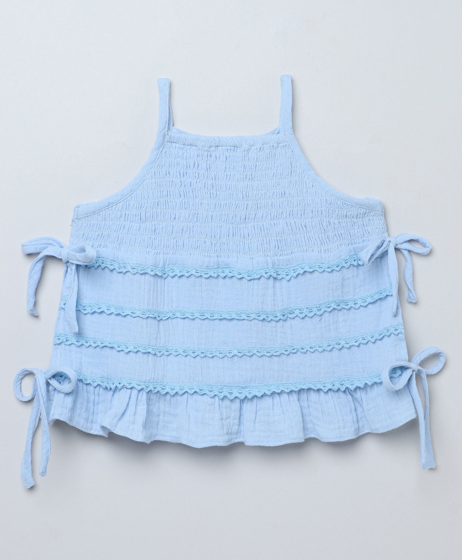 Taffykids 100% Cotton Woven Sleeveless Lace & Smock Detailed Crop Top - Blue-picture-16