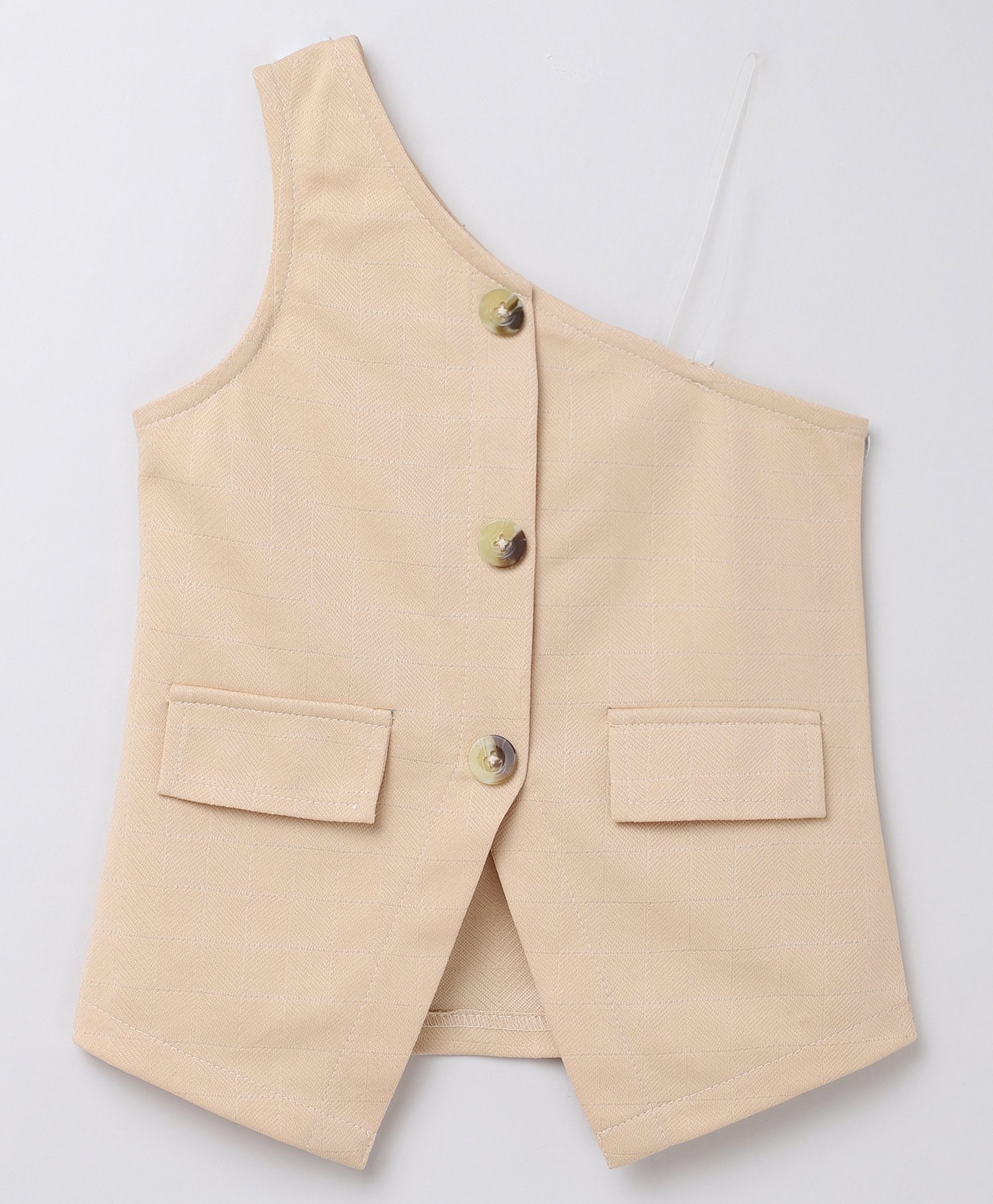 Taffykids Knit One Shoulder Check Embroidered Top - Beige-picture-1