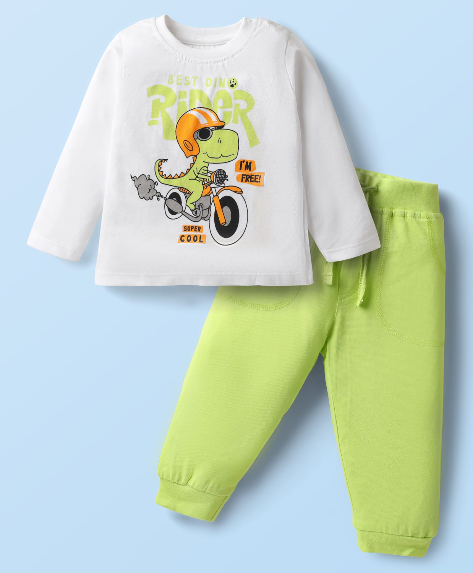 Doodle Poodle 100% Cotton Knit Full Sleeves T-Shirt & Joggers with Dino Print - White-picture-15