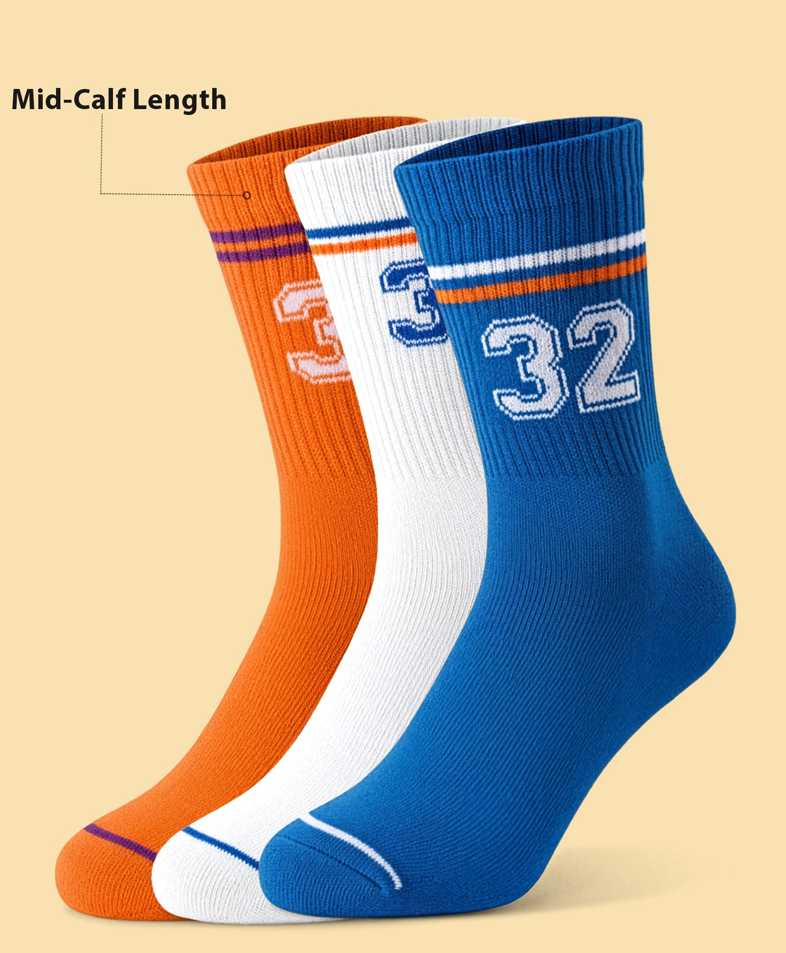 Pine Active Cotton Lycra Knit Terry Breathable Calf Length Athletic Socks with Number Design Pack of 3 - Orange White & Blue-picture-29