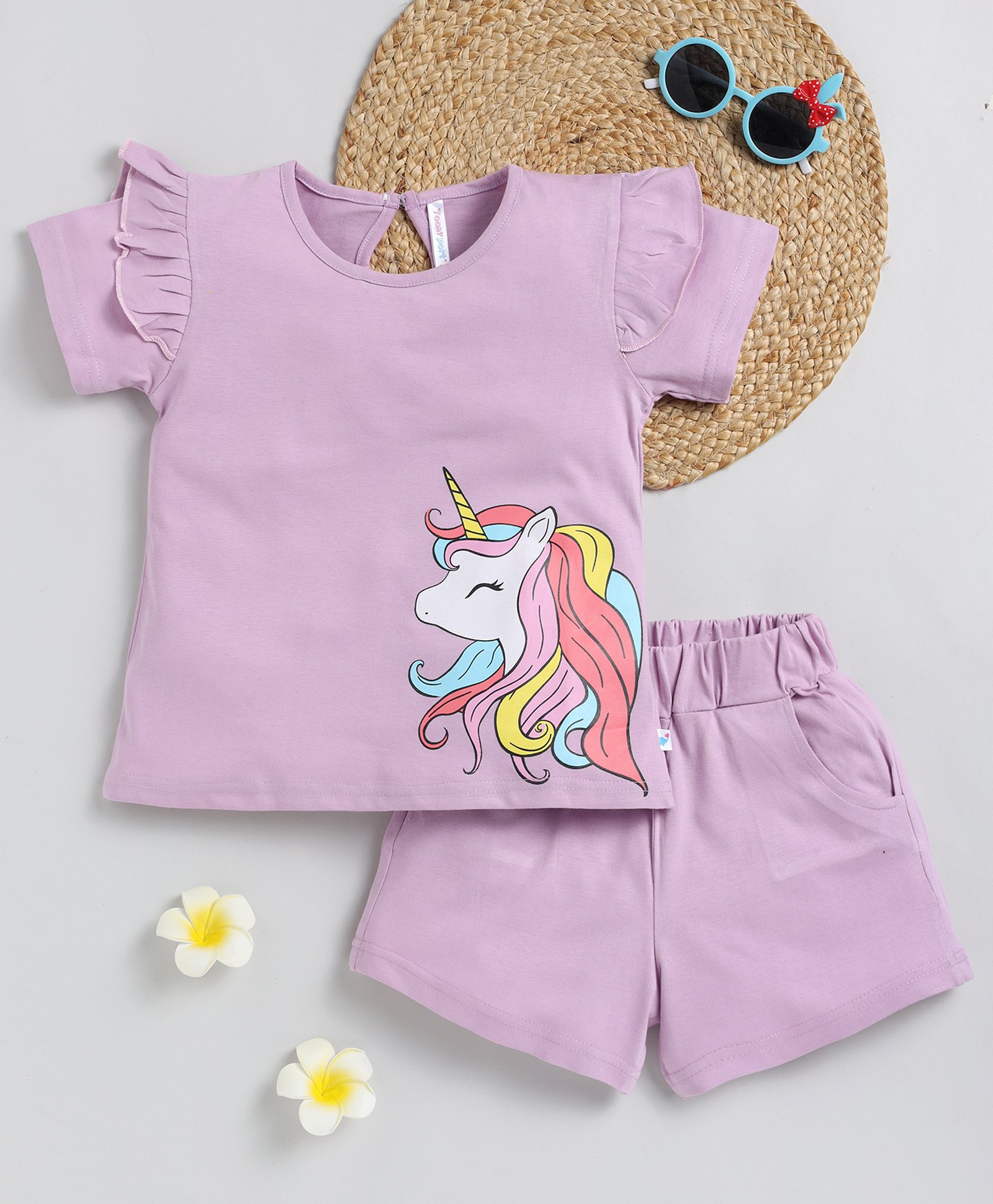 TOONYPORT Cotton Knit Half Sleeves Unicorn Printed Frill Detailed Top & Shorts Set - Lavender-image-47