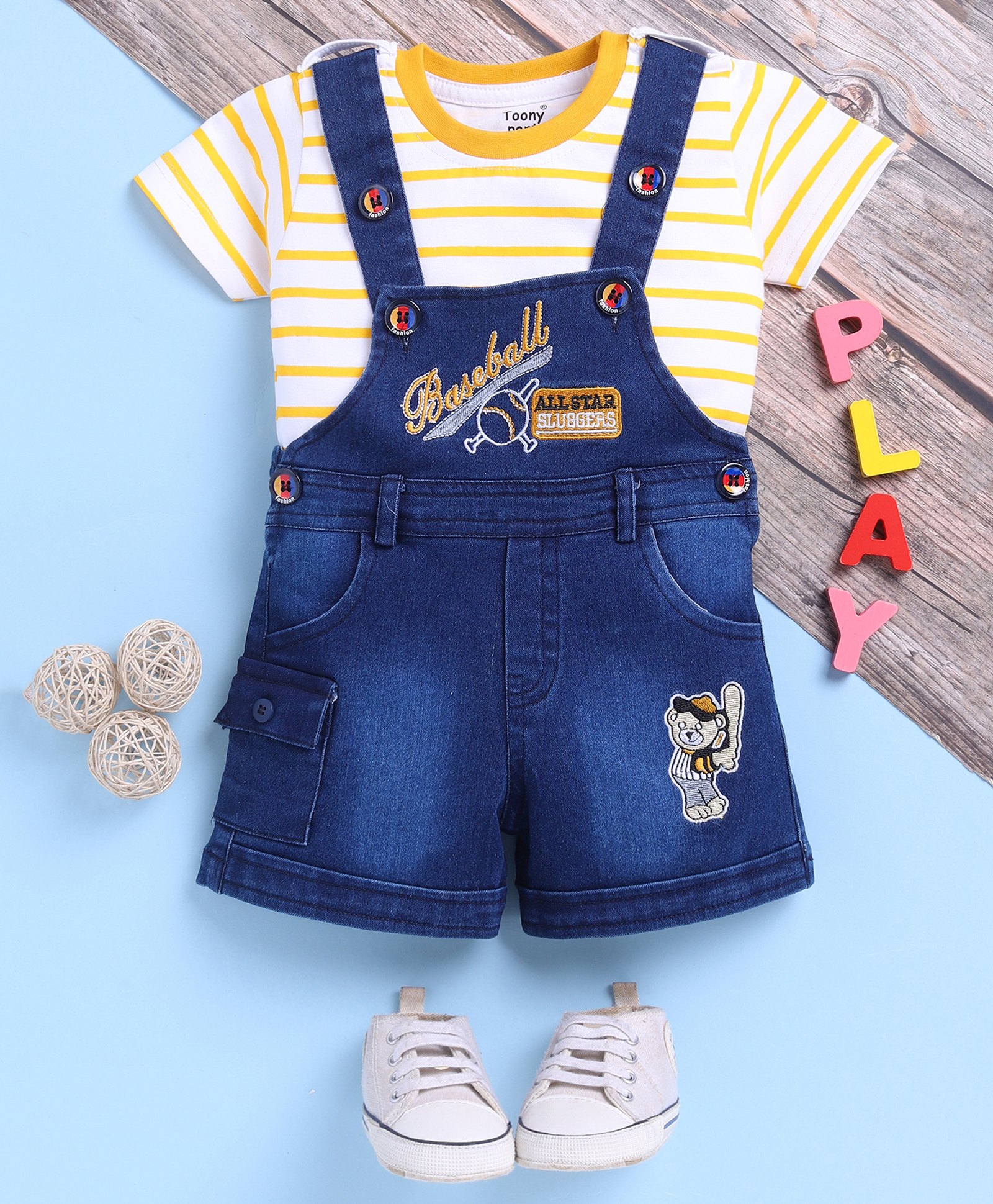 TOONYPORT Cotton Knit Baseball Text Embroidered Mild Washed Dungaree With Half Sleeves Striped Tee - Blue-image-40
