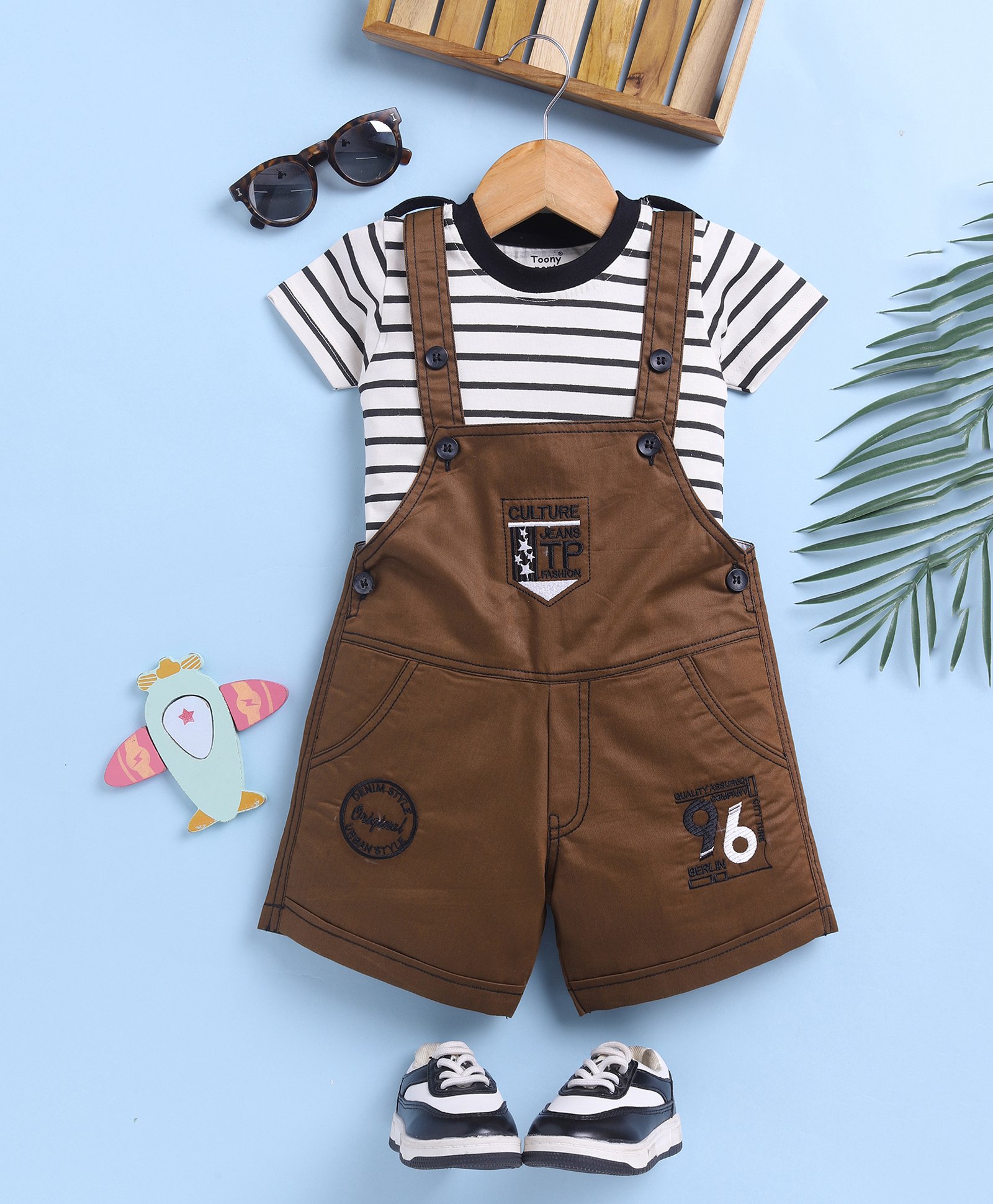 TOONYPORT Cotton Knit Culture Text Embroidered Dungaree With Half Sleeves Striped Tee - Brown-picture-13