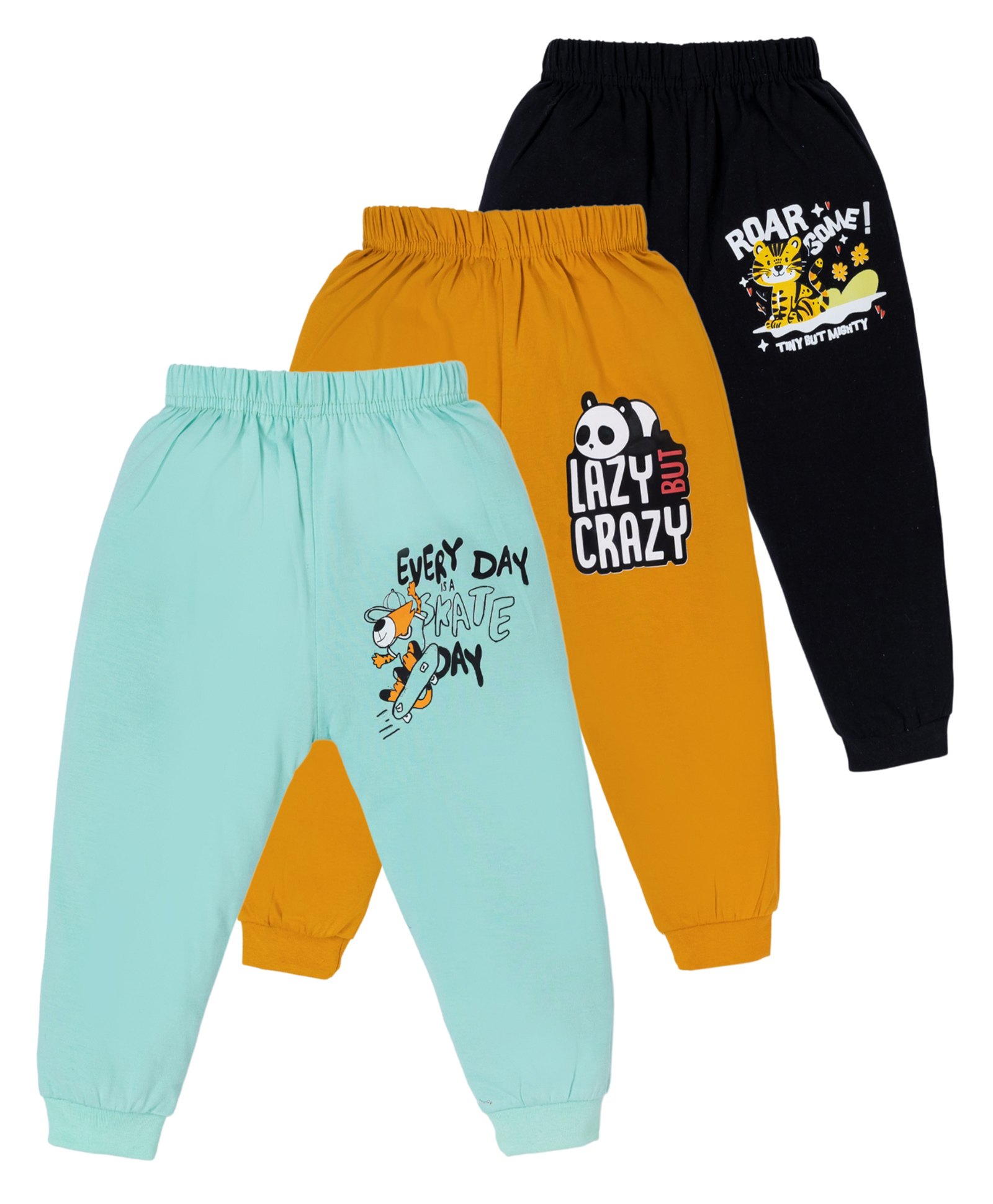 Tiny Hugs Cotton Knit Pack of 3 Lazy But Crazy Text & Animals Printed Pajamas - Black Mustard & Blue-picture-16