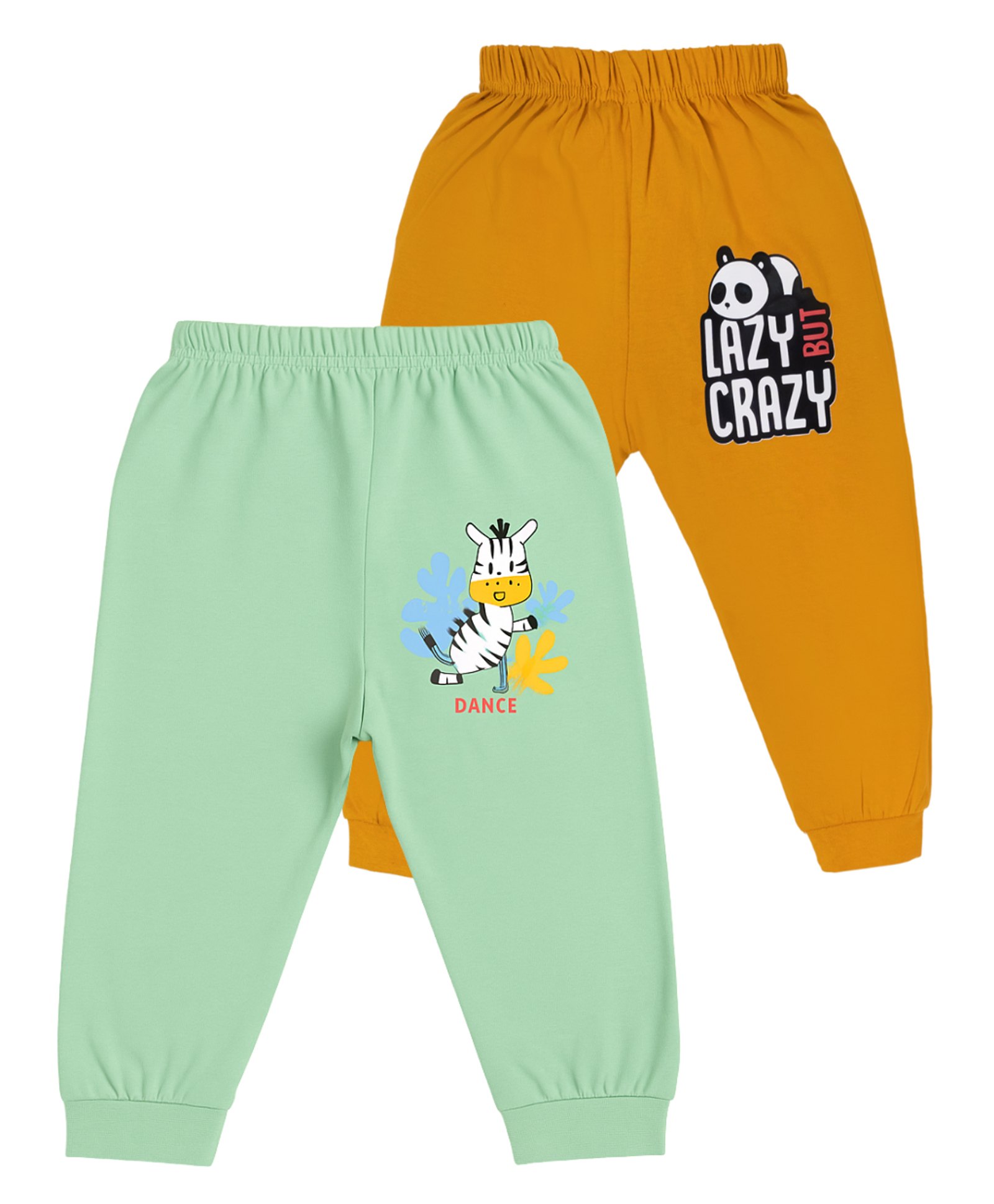 Tiny Hugs Cotton Knit Pack of 2 Lazy But Crazy Text & Cute Baby Animals Printed Pajamas - Mustard & Green-image-36