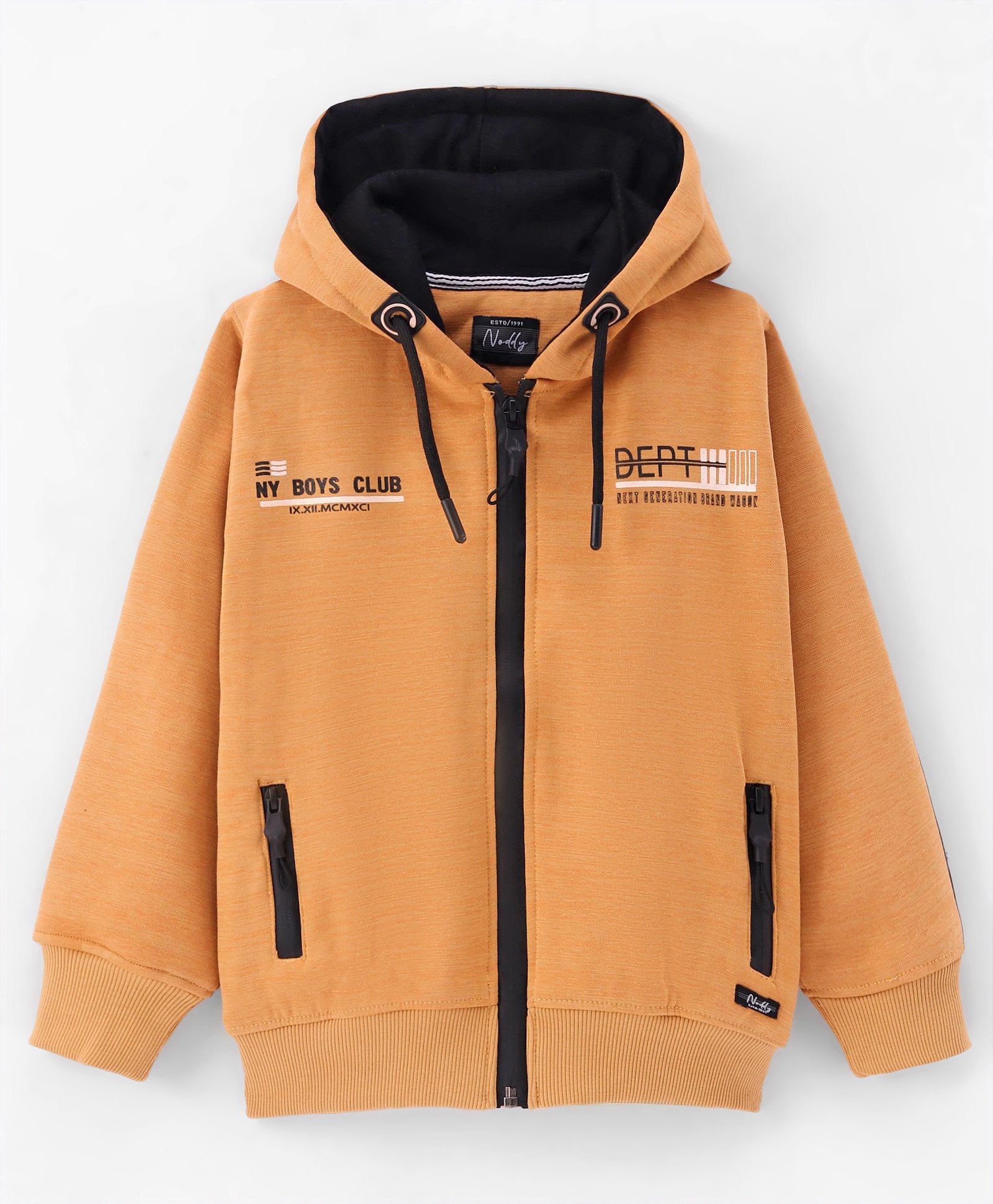 Noddy Full Sleeves Typography Text Printed Hooded Zipper Jacket With Sherpa Lining - Mustard-picture-36