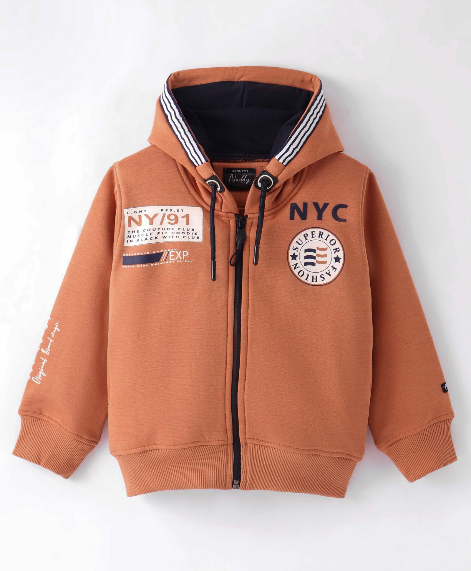 Noddy Knitted Full Sleeves NYC Text Printed Hooded Suede Jacket With Sherpa Lining - Rust-picture-32