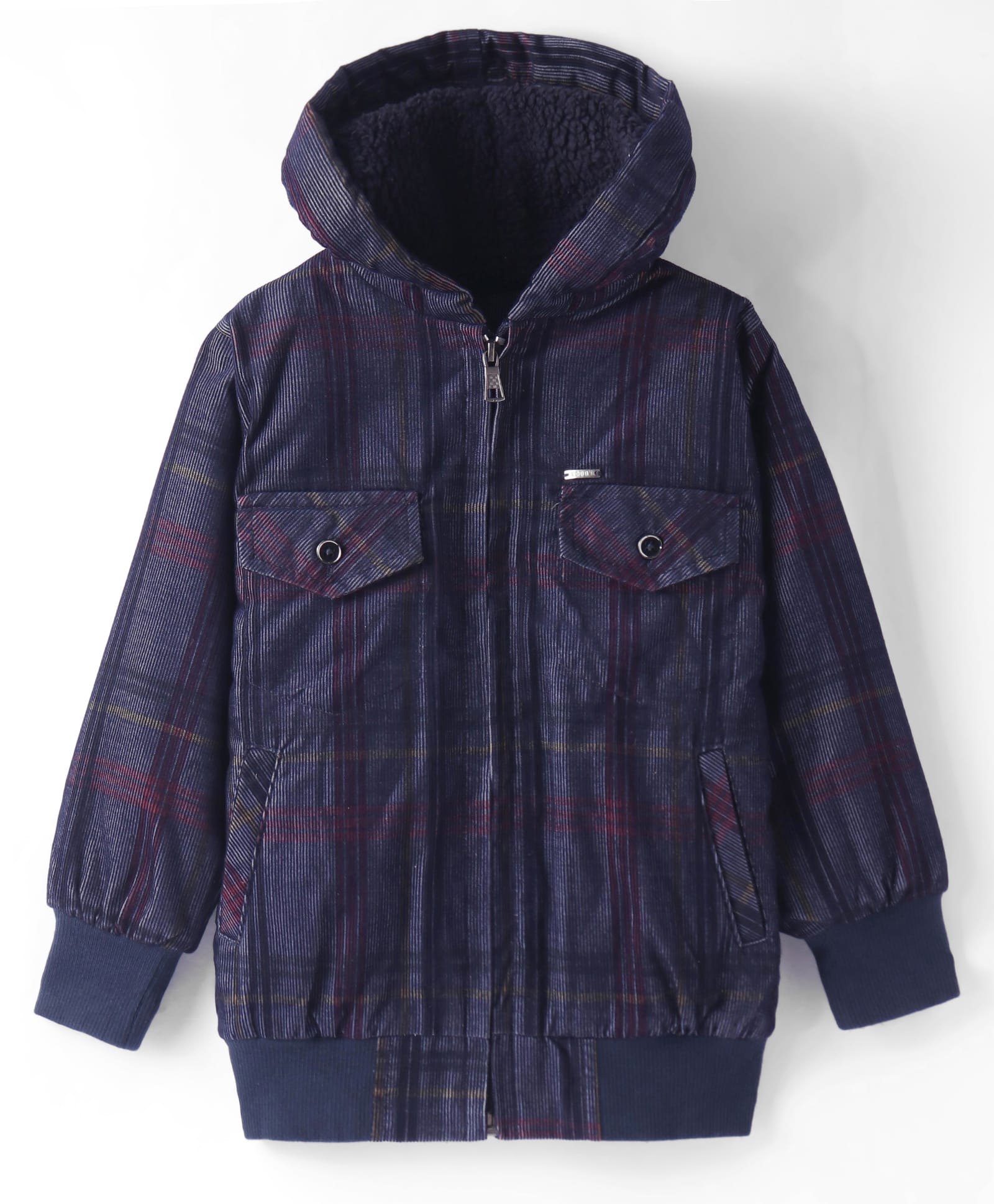Noddy Cotton Full Sleeves Window Pane Checked Hooded Zipper Jacket With Sherpa Lining - Navy Blue-image-31