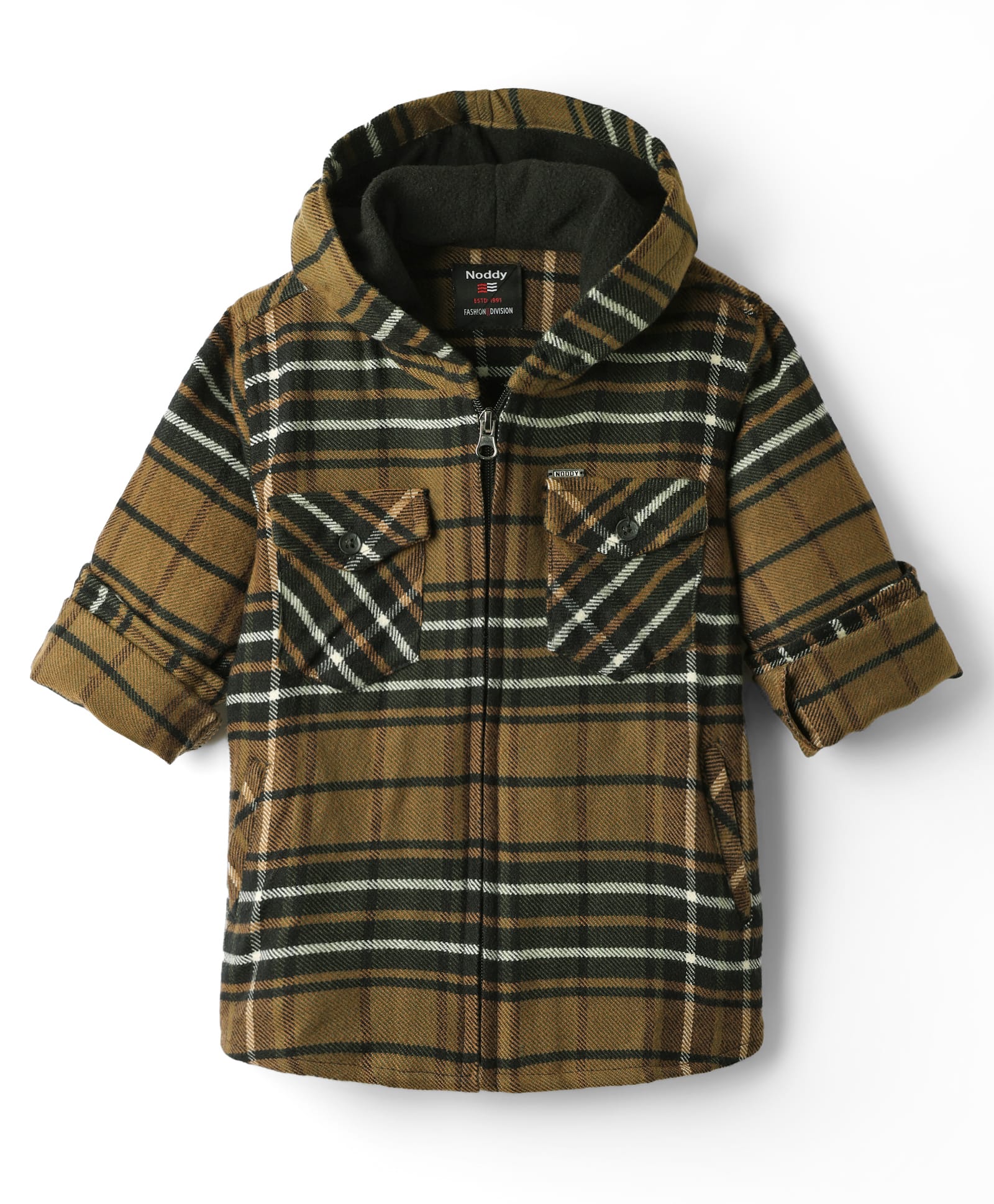 Noddy Full Sleeves Checked Hooded Jacket - Brown-picture-17