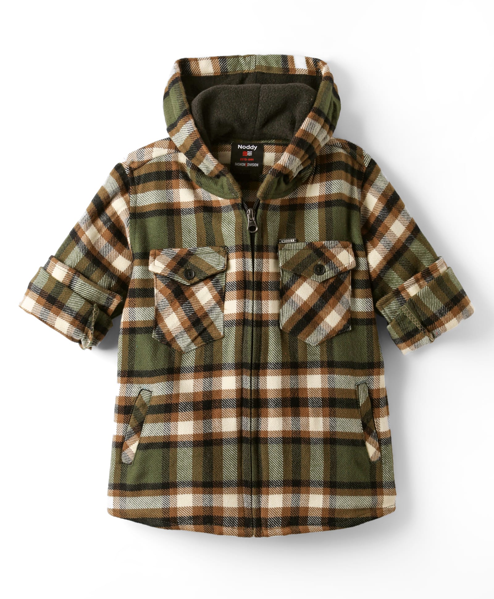 Noddy Full Sleeves Checked Hooded Jacket - Olive-picture-11