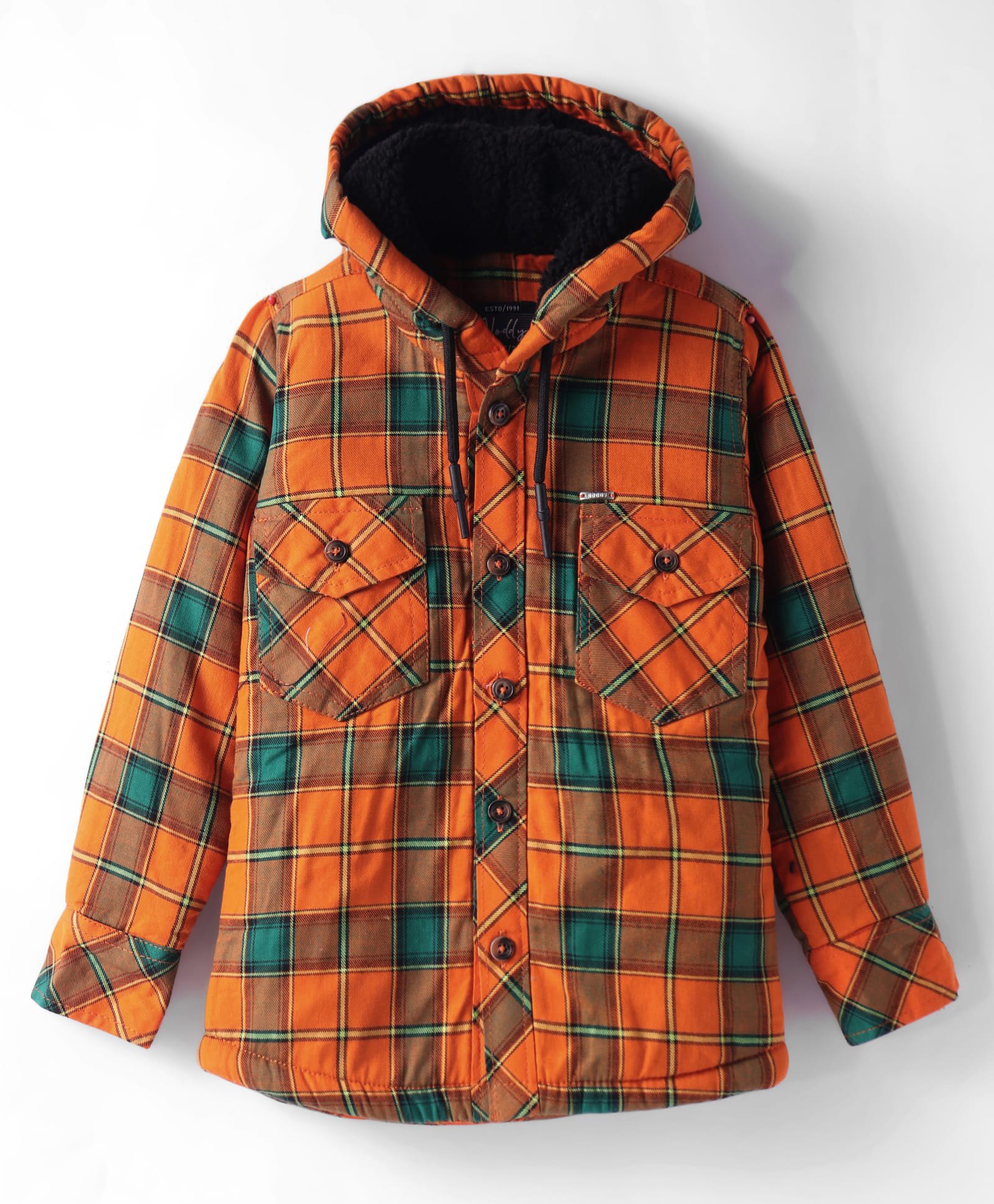 Noddy Cotton Full Sleeves Tartan Checked Hooded Zipper Jacket With Sherpa Lining - Orange-picture-38
