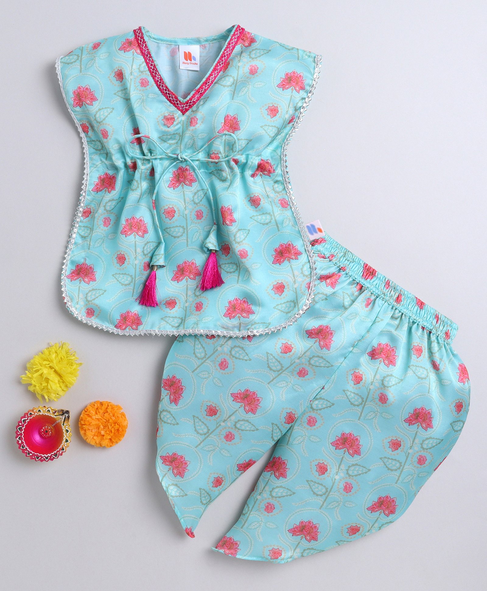 Many frocks & Satin Woven Short Batwing Sleeves Floral Printed Coordinating Kaftan Top & Dhoti Set - Sea Green-image-49