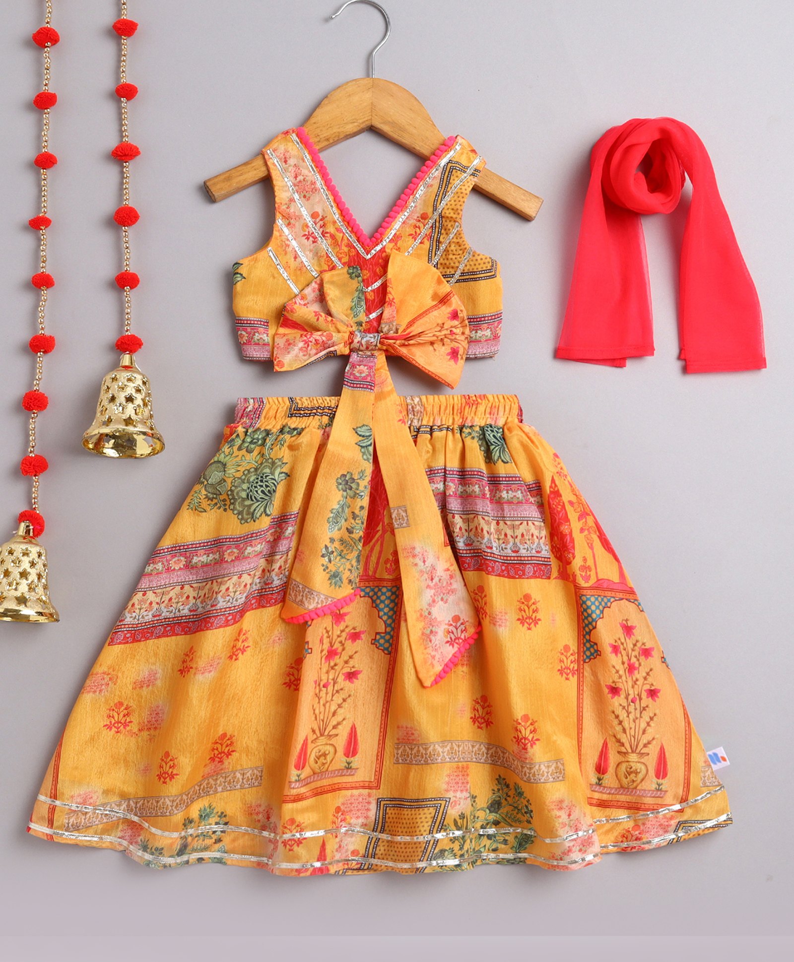 Many frocks & Blended Woven Sleeveless Floral Printed Gota Lace Embellished Coordinating Lehenga Choli With Dupatta Set - Mustard-image-39