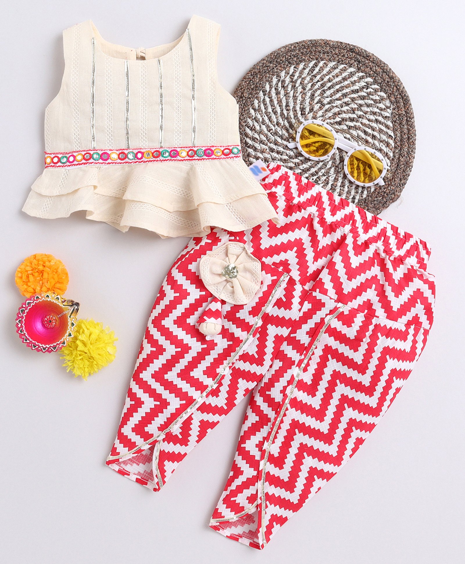 Many frocks & Cotton Woven Sleeveless Mirror Work Detailed Chevron Printed Top & Dhoti Set - Cream & Red-image-43
