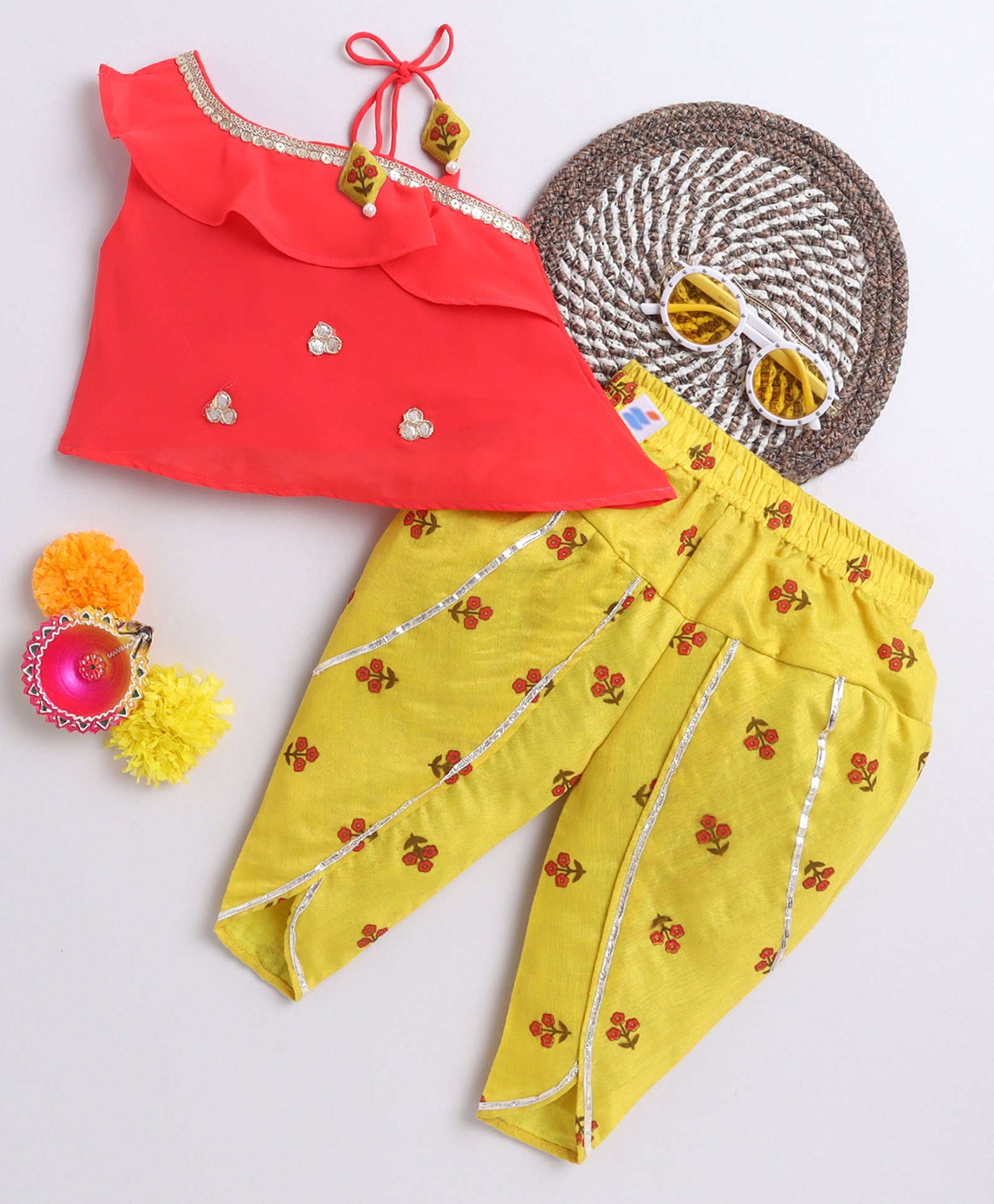 Many frocks & Georgette Woven Sleeveless Floral Printed Gota Lace & Sequins Embellished Top & Dhoti Set - Red & Yellow-image-18