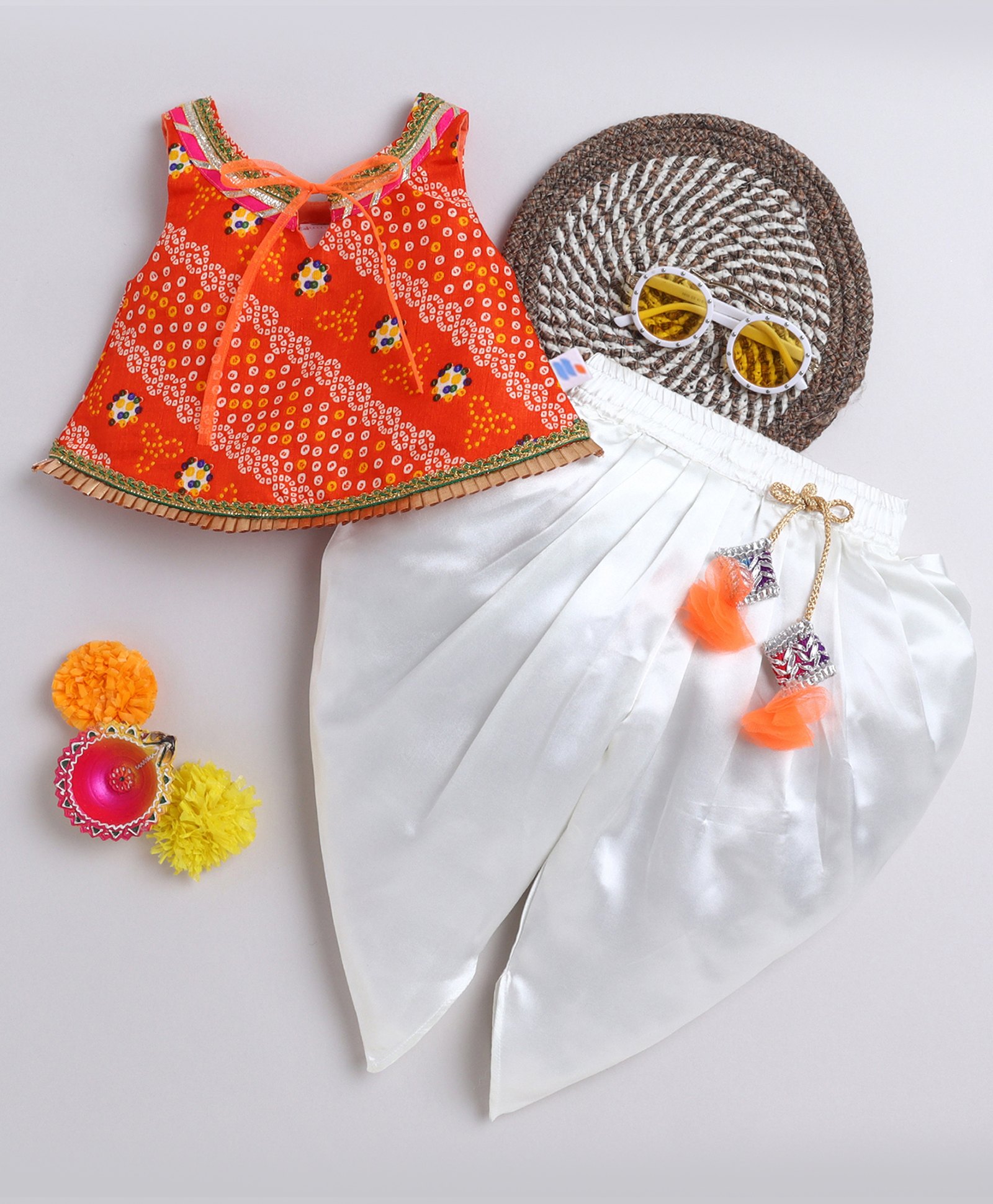 Many frocks & Woven Sleeveless Bandhani Designed Gota Lace Embellished Top & Dhoti Set - Orange & Cream-image-48