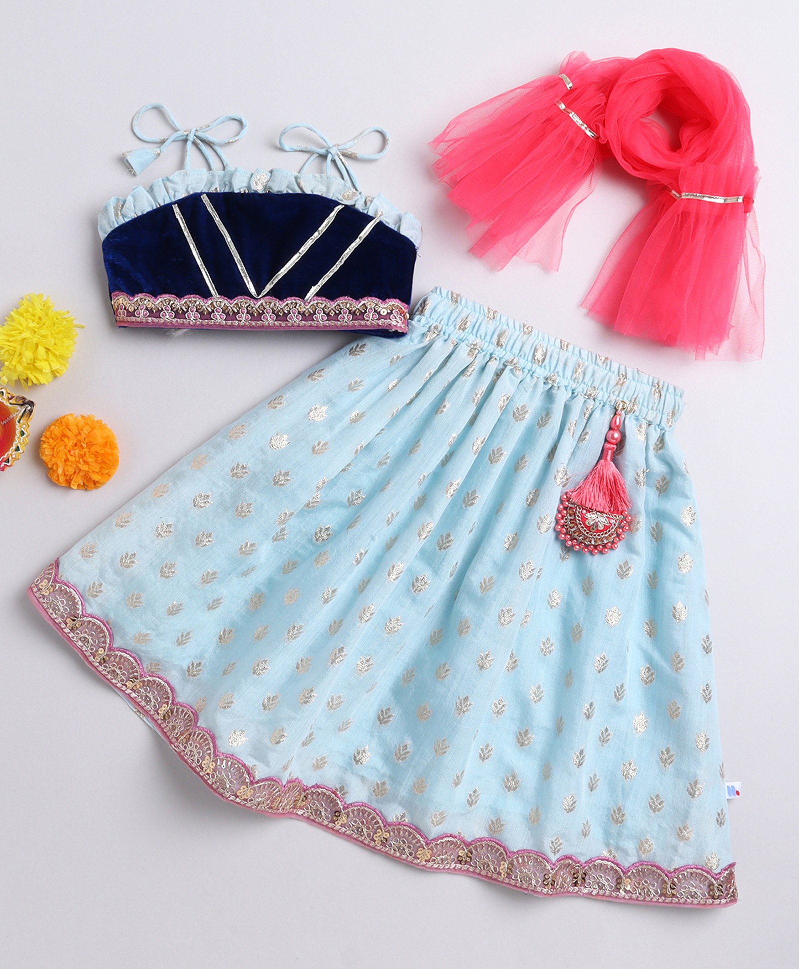 Many frocks & Velvet Woven Sleeveless Leaves Foil Printed Gota Lace & Sequins Embellished Lehenga Choli With Dupatta Set - Blue-image-16