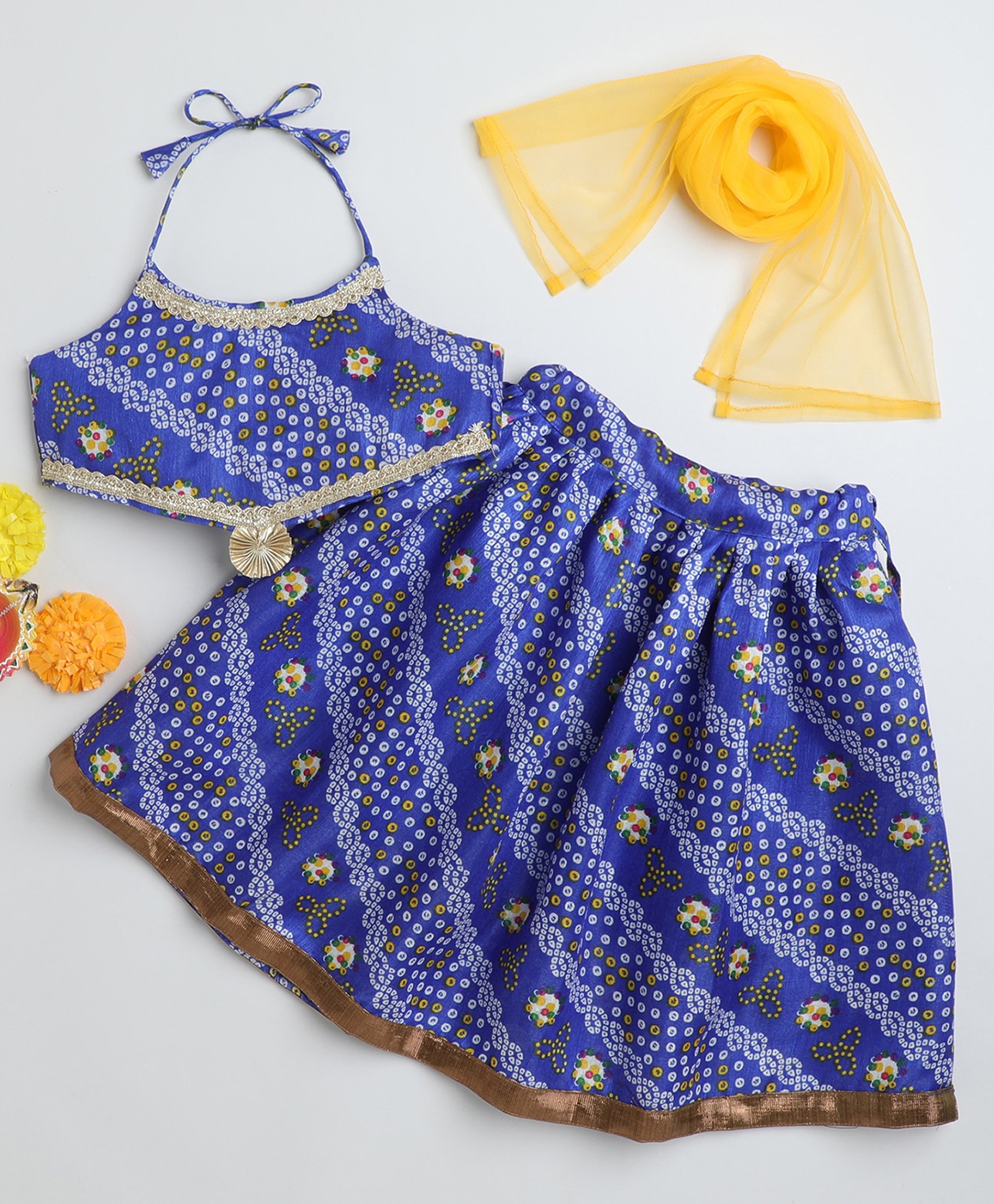 Many frocks & Woven Sleeveless Bandhani Designed Gota Lace Embellished Lehenga Choli With Dupatta Set - Blue-image-35