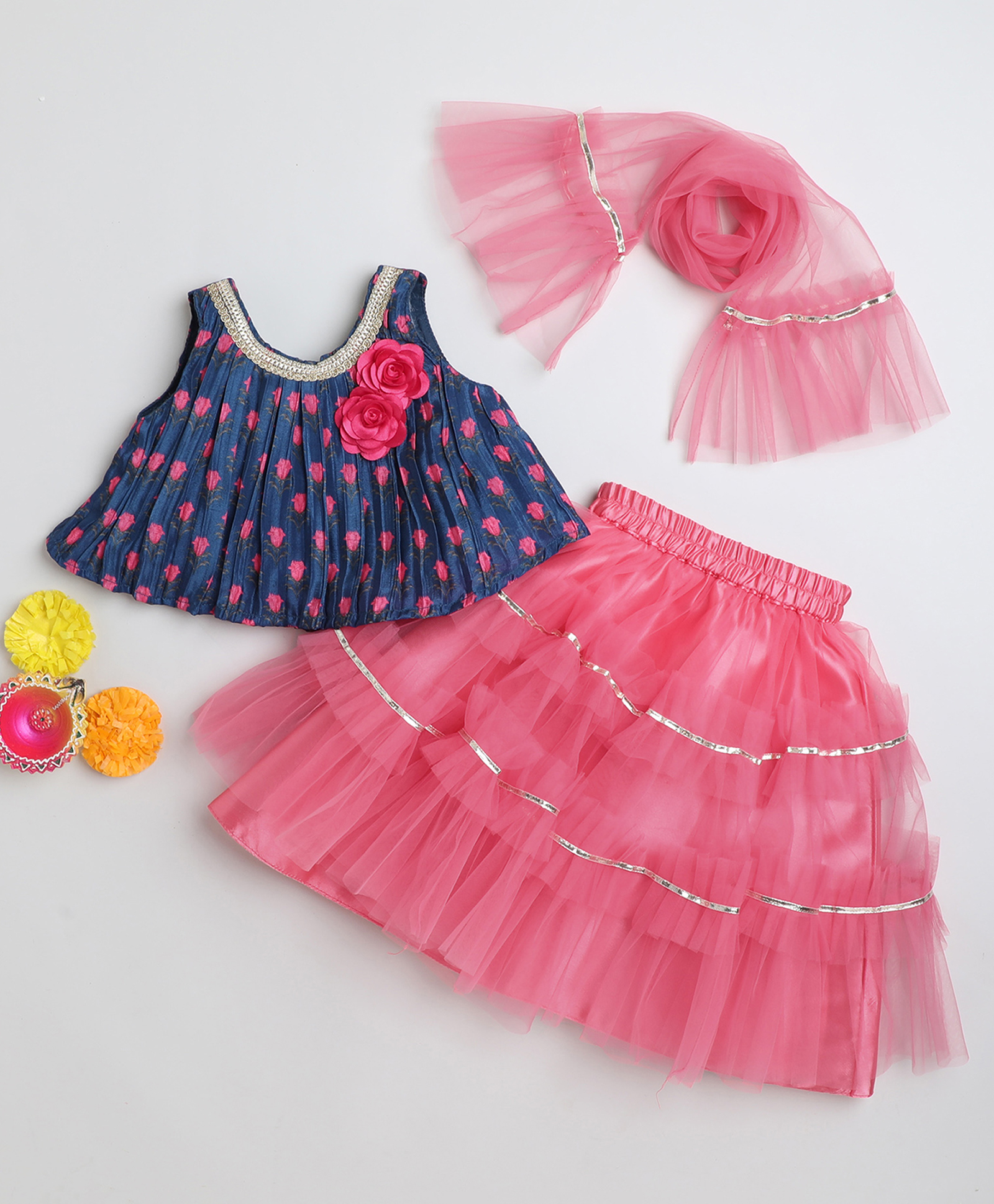Many frocks & Woven Sleeveless Floral Printed & Applique Detailed Gota Lace Embellished Lehenga Choli With Dupatta Set - Pink & Blue-image-43