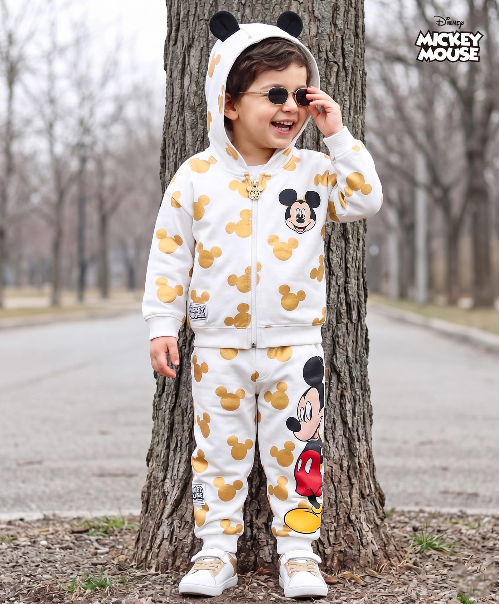 Babyhug Disney Terry Knit Full Sleeves Hooded Sweatshirt and Joggers Set with Mickey Mouse Graphics with Badge and 3D Ear Detailing - White-image-22