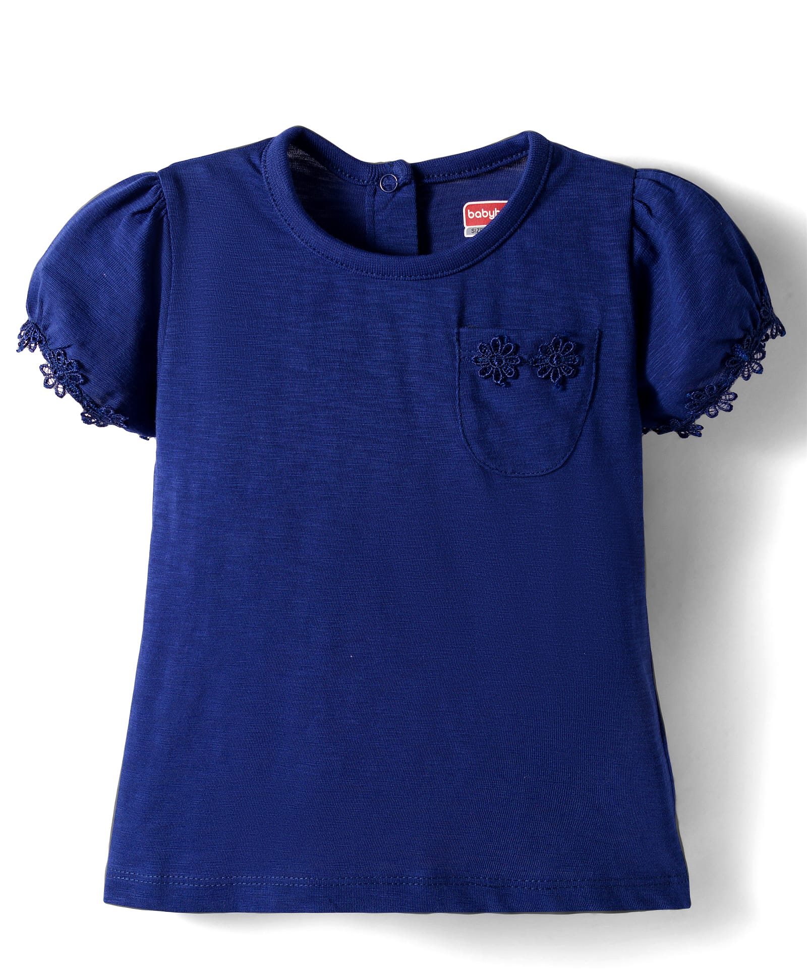 Babyhug 100% Cotton Knit Half Puffed Sleeves Top with Lace Detailing - Navy Blue-image-8