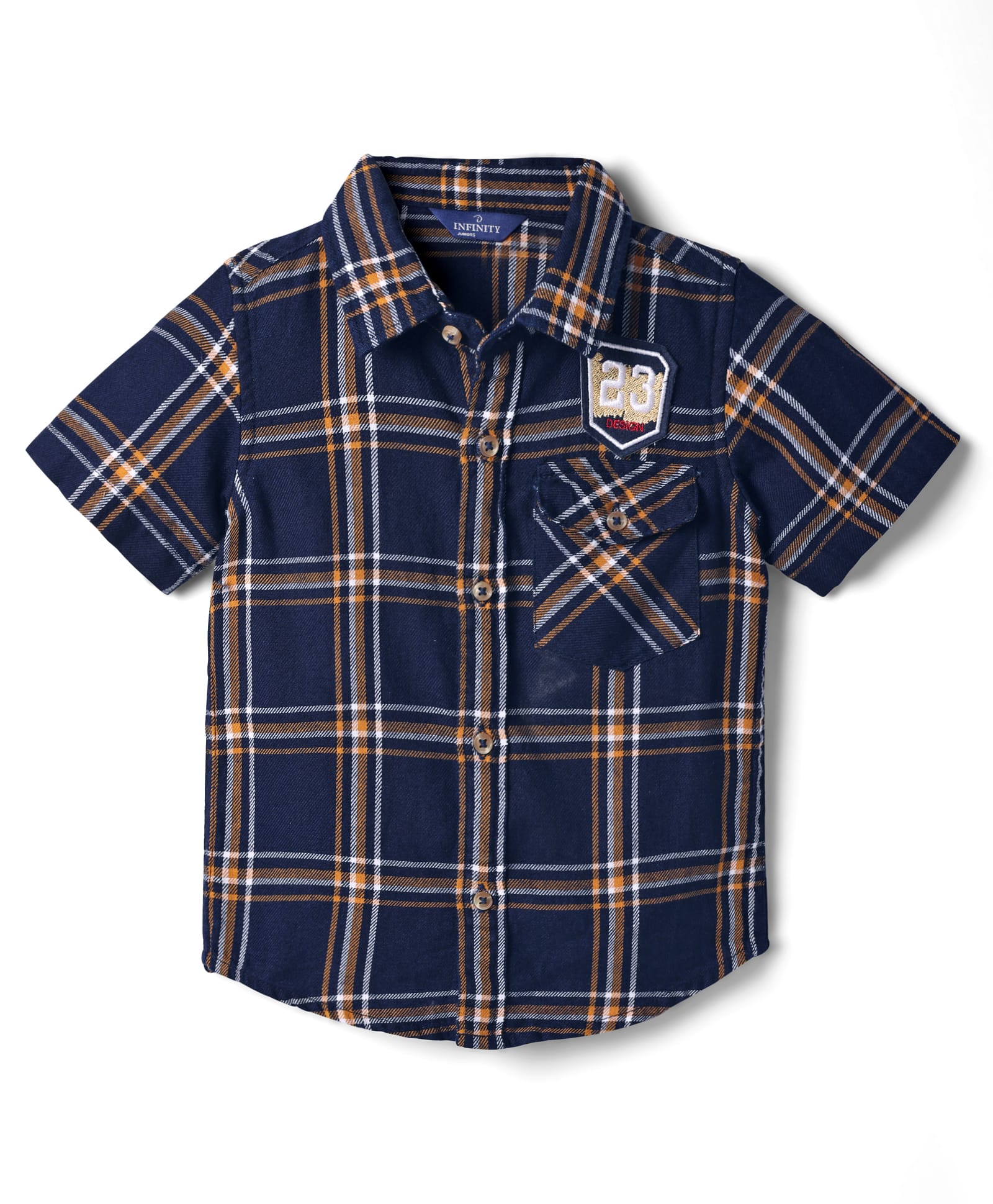 INFINITY Cotton Woven Half Sleeves Tartan Checked & 23 Number Patch Shirt - Navy Blue & Yellow-image-31