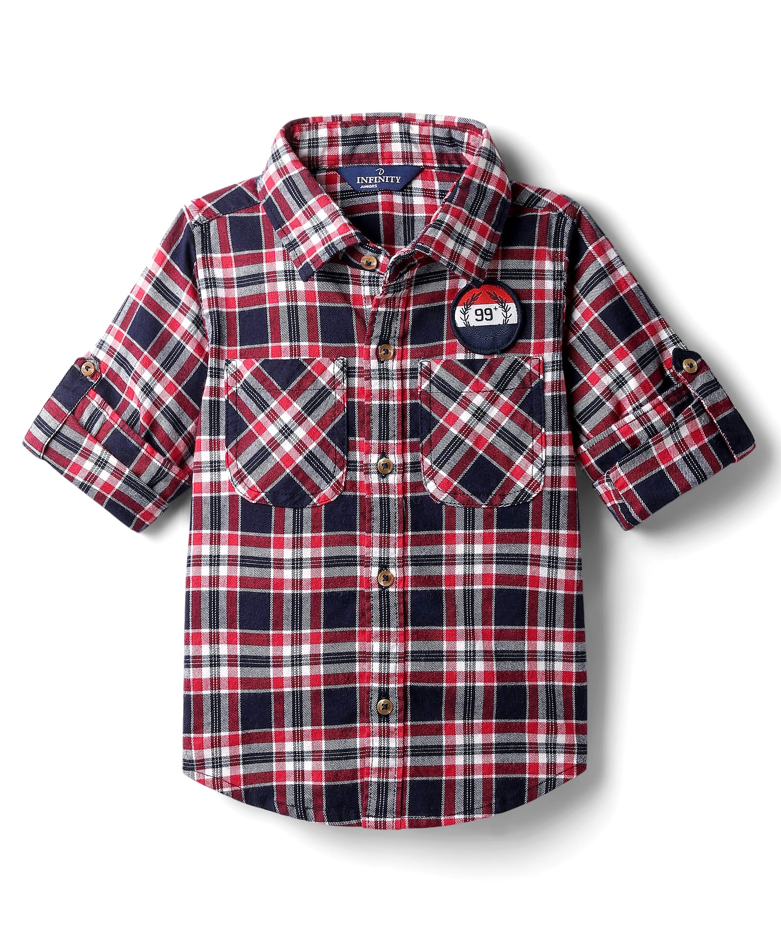 INFINITY Cotton Woven Full Sleeves Tartan Checked & 99 Number Patch Shirt - Navy Blue & Red-picture-20
