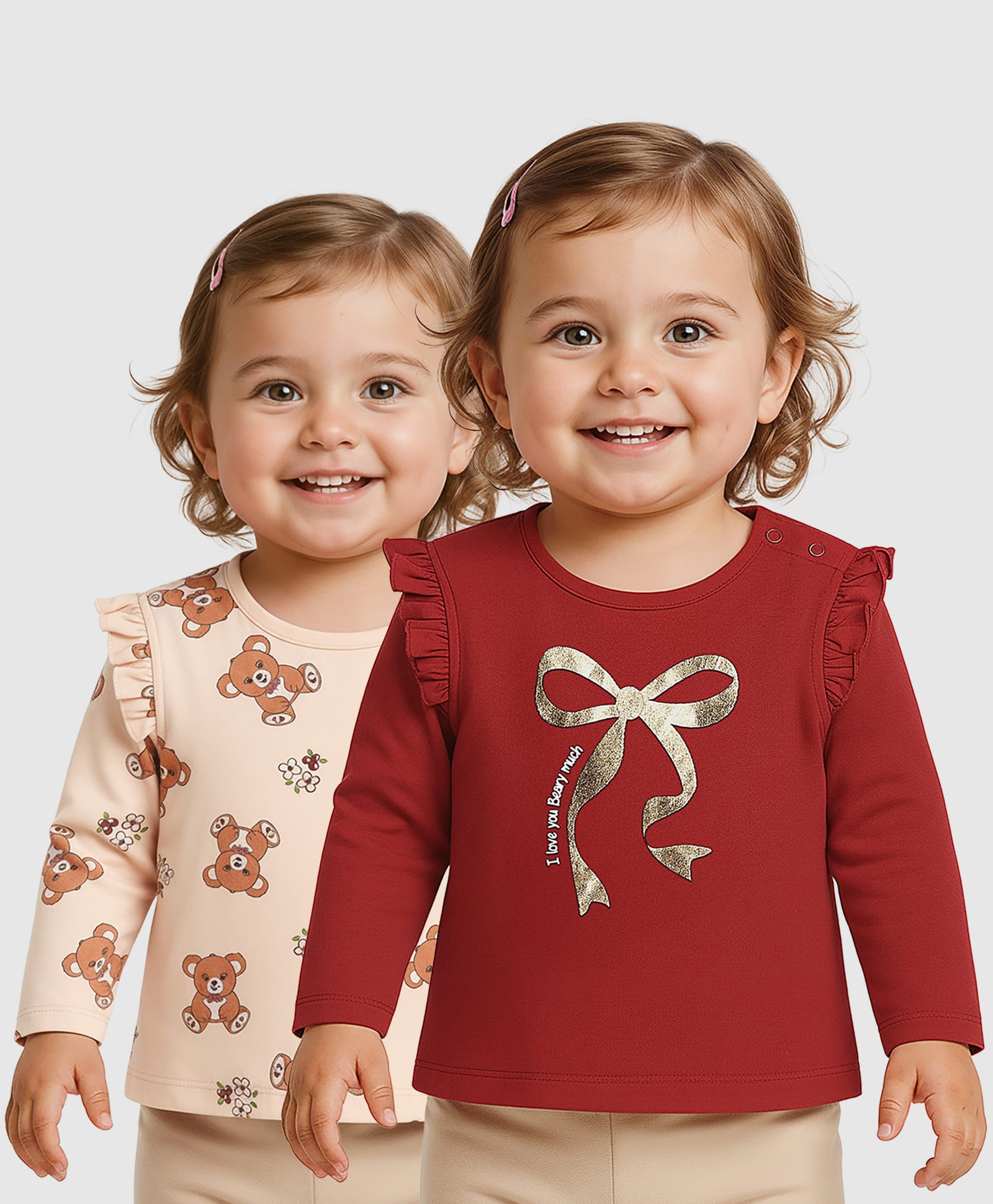 Babyoye Interlock Knit Full Sleeves Teddy Bear & Bow Printed Vests With Eco Jiva Finish & Frill Detailing - Maroon & Peach-picture-37