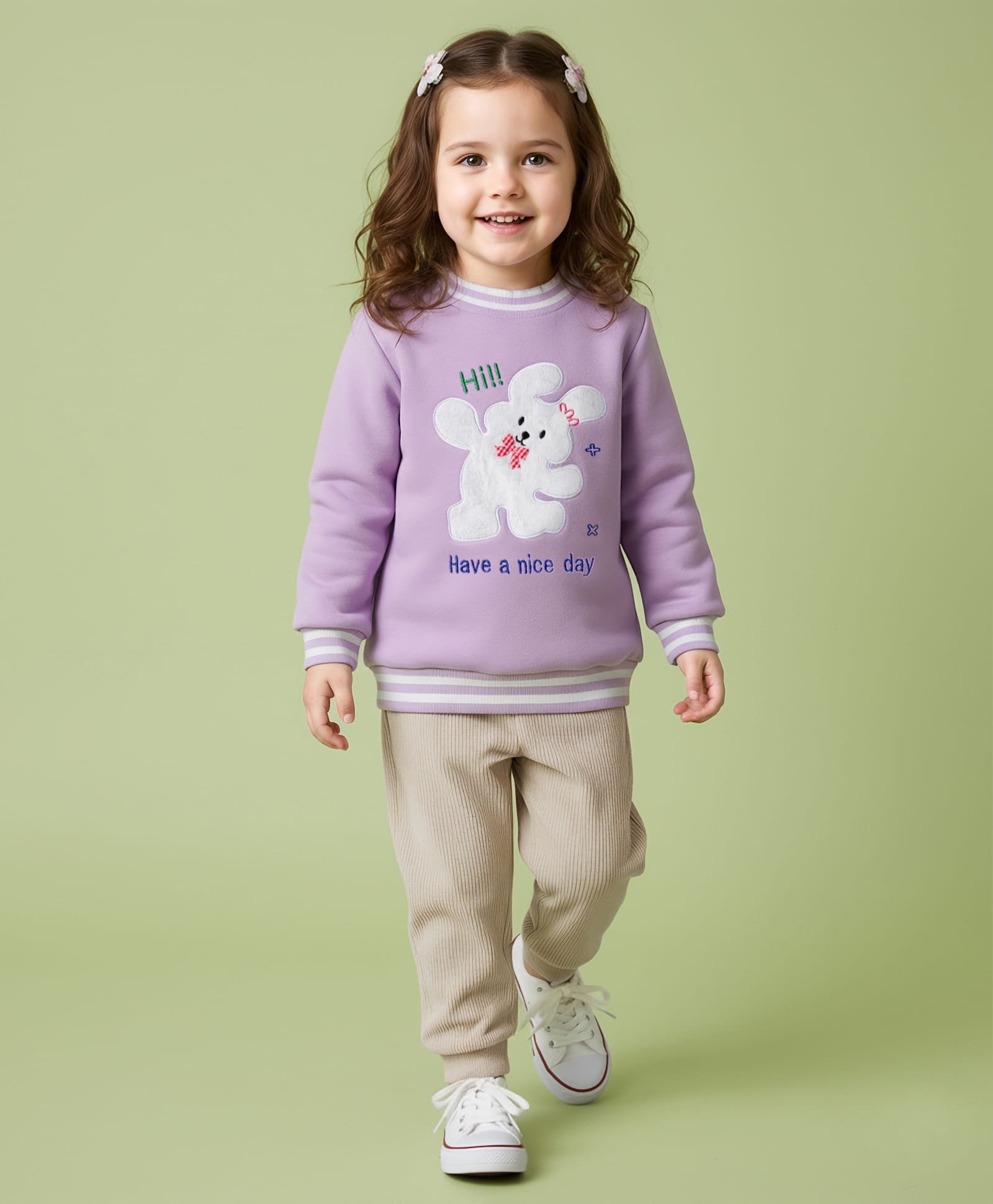 Mark & Mia Full Sleeves Winter Wear Sweatshirt & Joggers Set with Bunny Embroidery Detailing - Beige & Lilac-picture-22