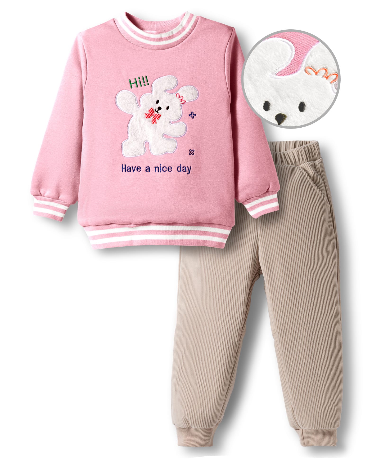 Mark & Mia Full Sleeves Winter Wear Sweatshirt & Joggers Set with Bunny Embroidery Detailing - Beige & Pink-image-4