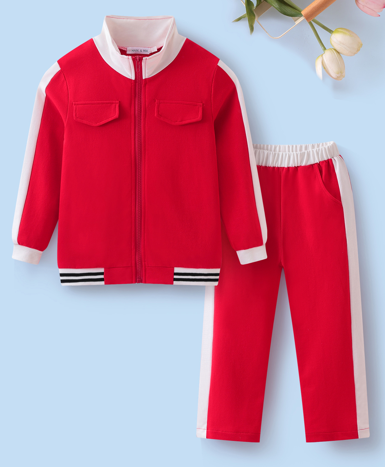 Mark & Mia Full Sleeves Turtle Neck Jacket & Pant Set With Tape Detailing - Red & White-image-4