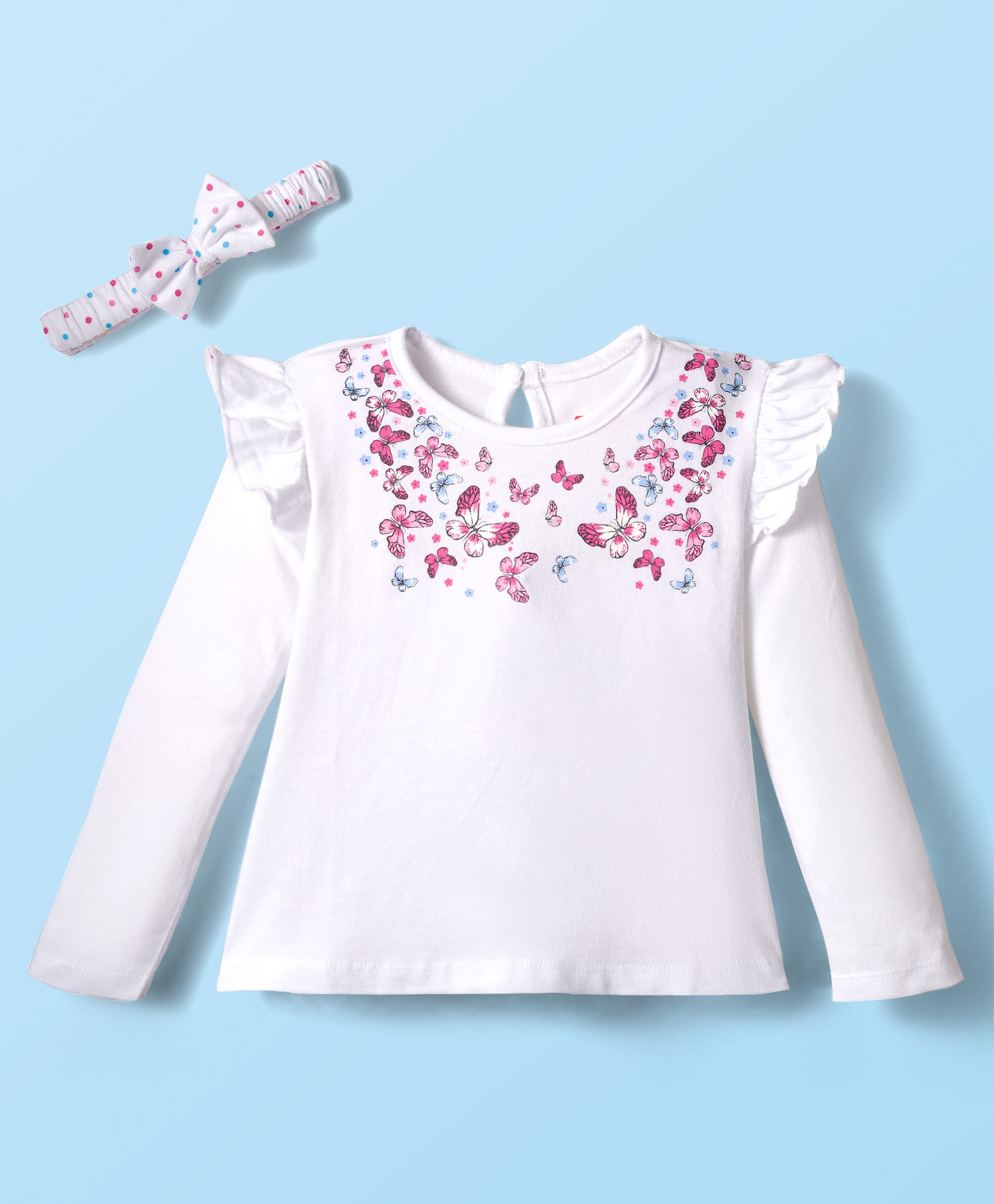 Babyhug 100% Cotton Knit Top & Hairband with Butterfly Print & Frill Detailing - White-picture-10