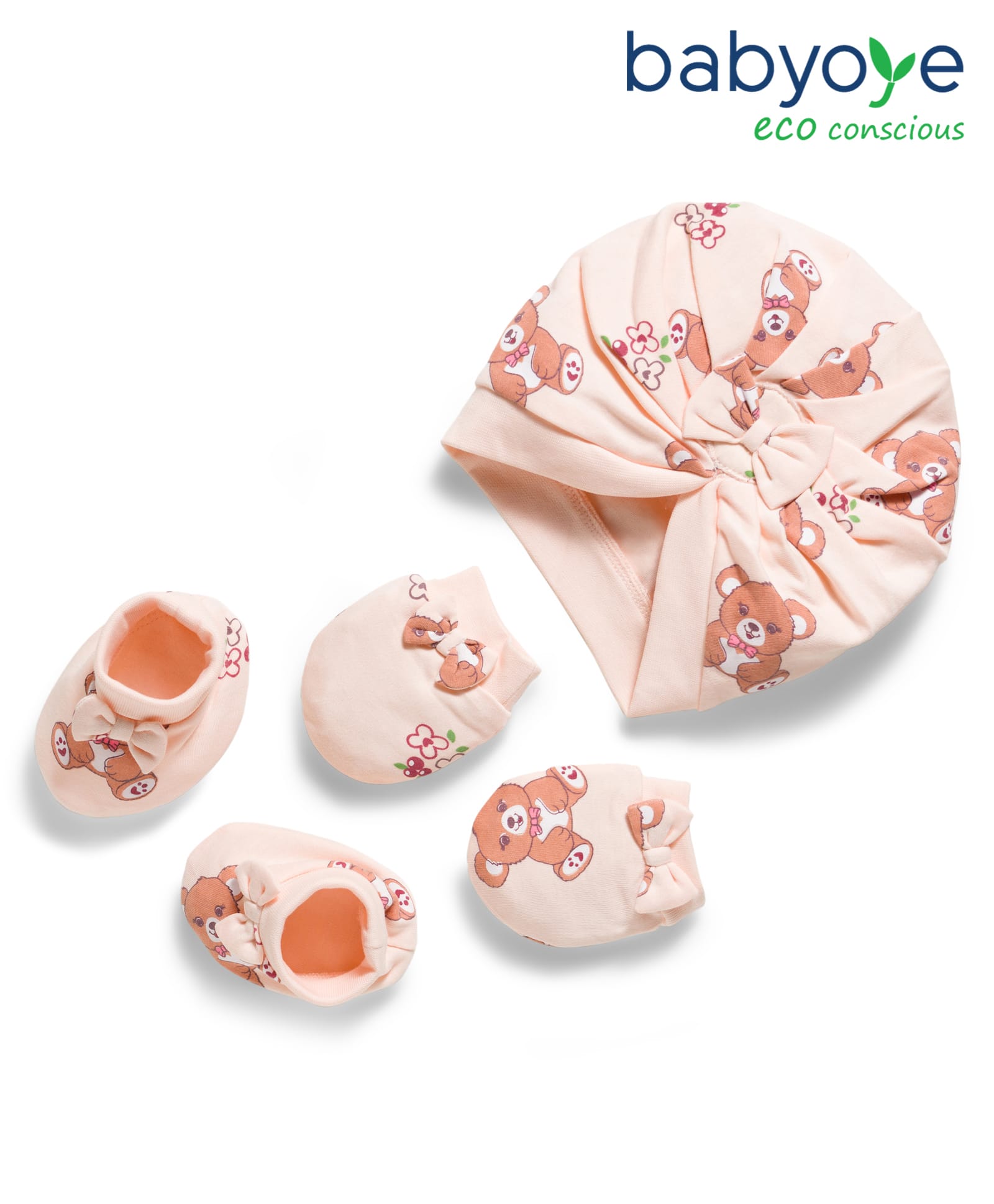 Babyoye 100% Cotton Knit With Eco Jiva Finish Cap Mittens & Booties With Teddy Bear Print Peach - Diameter 20 cm-picture-0