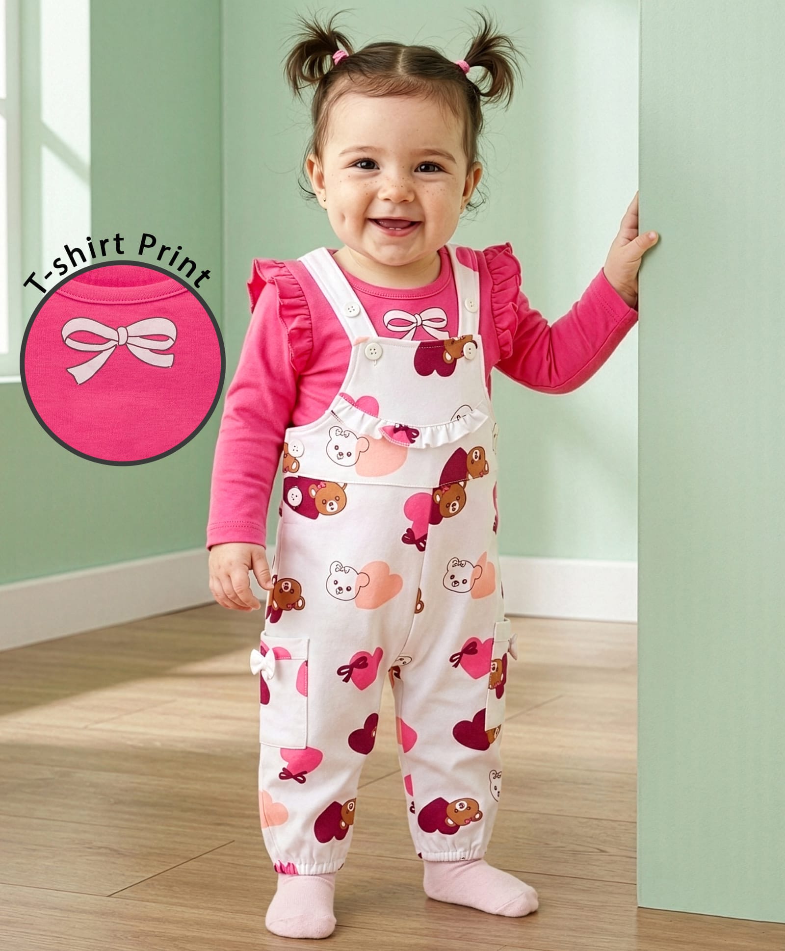 Babyoye 100% Cotton Knit With Eco Jiva Finish Dungaree & Full Sleeves Inner Tee With Teddy Bear & Heart Print - Pink & White-picture-34