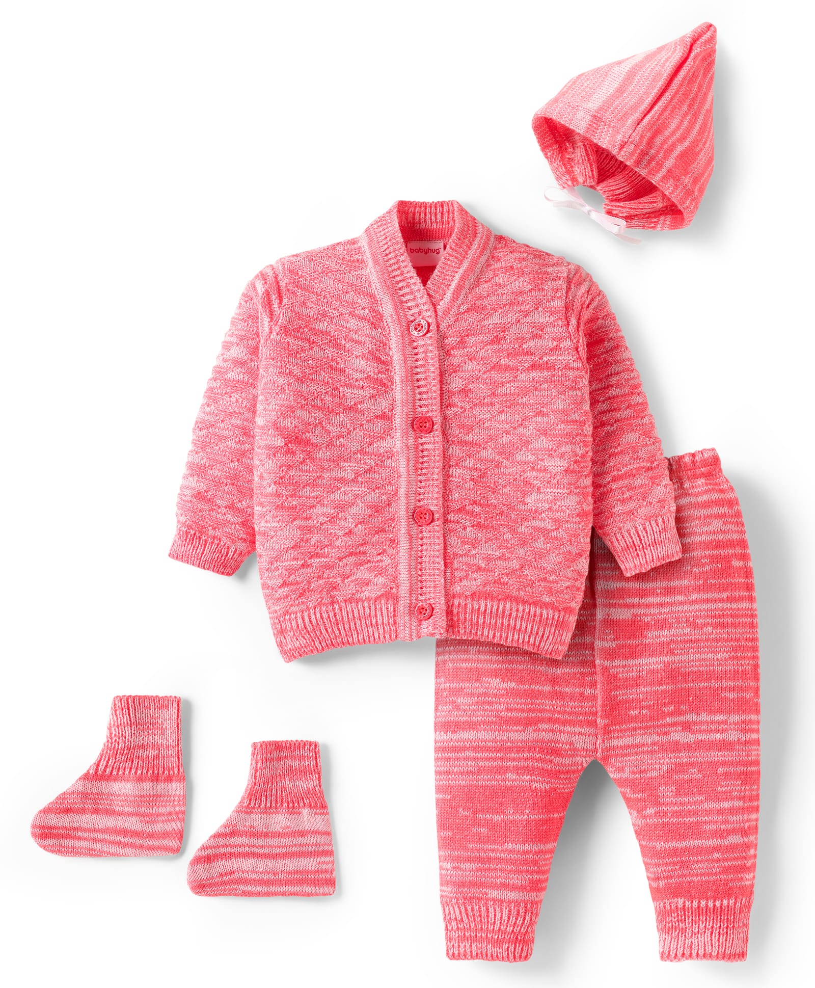 Babyhug Knit Full Sleeves Front Open Solid Coloured Sweater Set With Cap & Booties - Pink-image-49