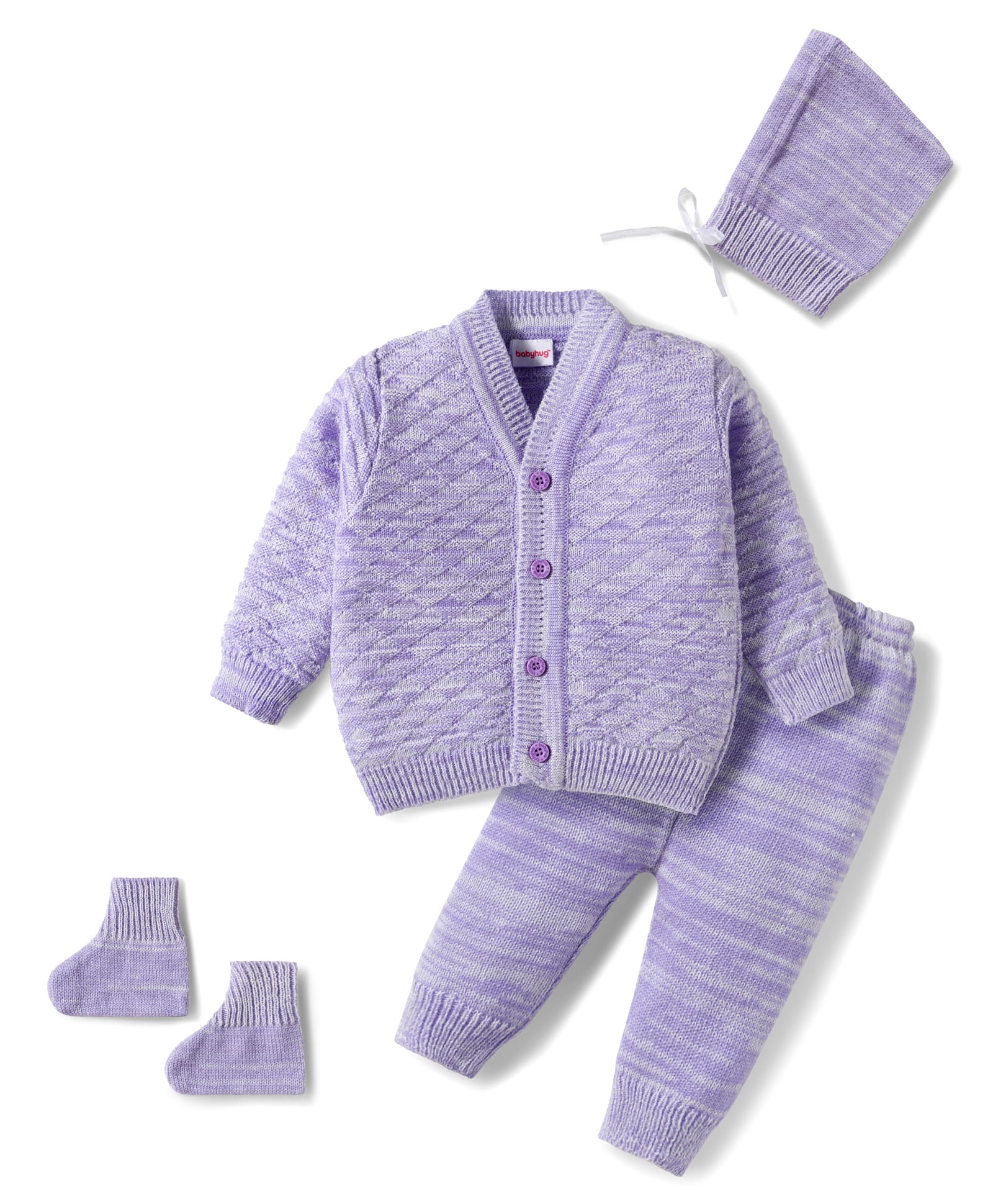 Babyhug Knitted Full Sleeves Solid Sweater Set With Cap & Booties - Purple-picture-31