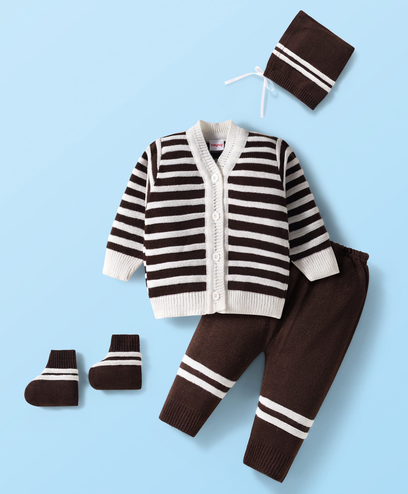 Babyhug Knitted Full Sleeves Striped Front Open Sweater Set With Cap & Booties - Brown & White-image-37