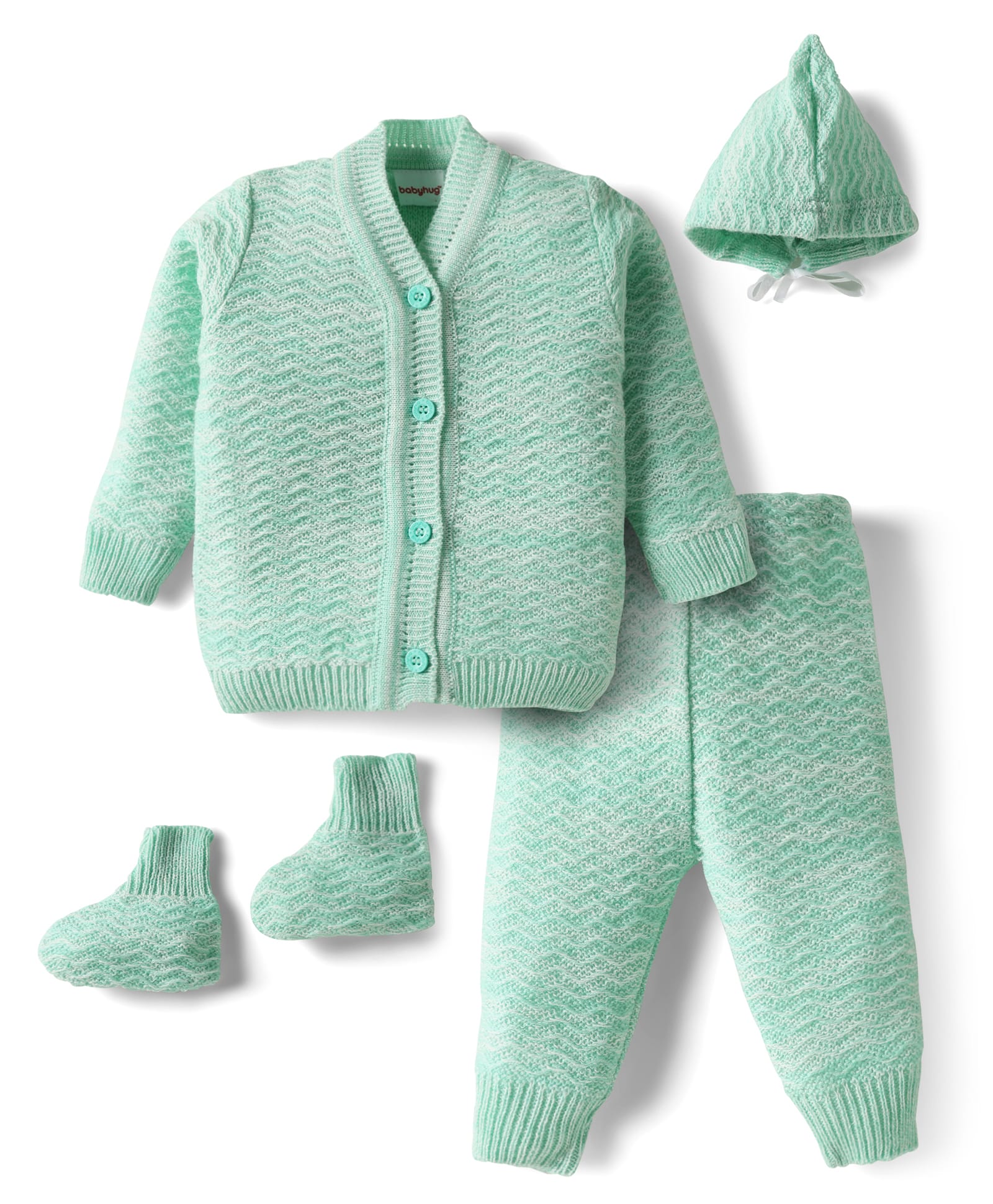 Babyhug Knit Full Sleeves Solid Color Front Open Sweater Set with Cap & Booties - Sea Green-image-30