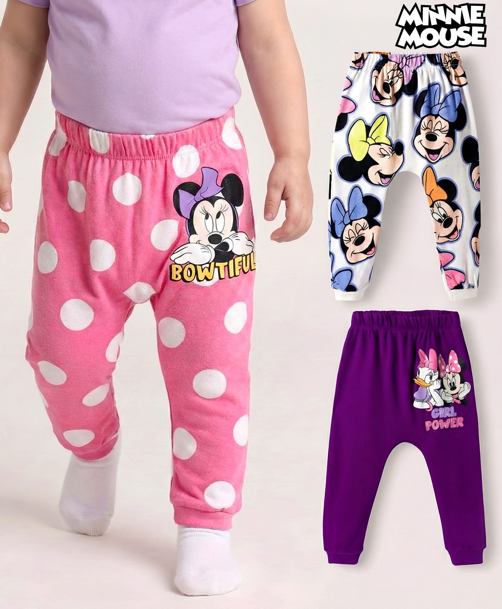Babyhug Disney Interlock Knit Full Length Diaper Leggings With Minnie Mouse & Family Graphics Pack of 3 - White Pink & Purple-image-26