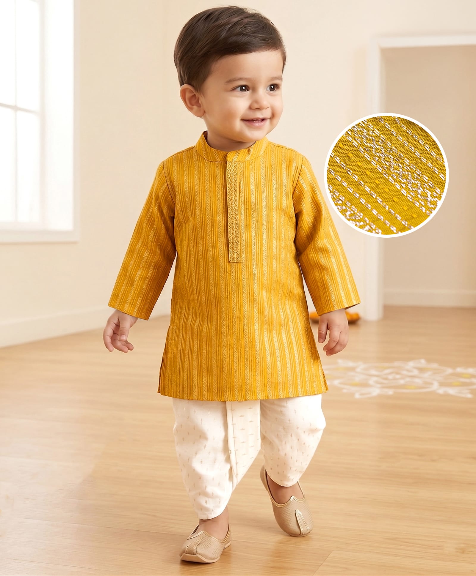 Babyhug Woven Full Sleeves Kurta Dhoti Set with Embroidered Neck & Self Design - Mustard-picture-16