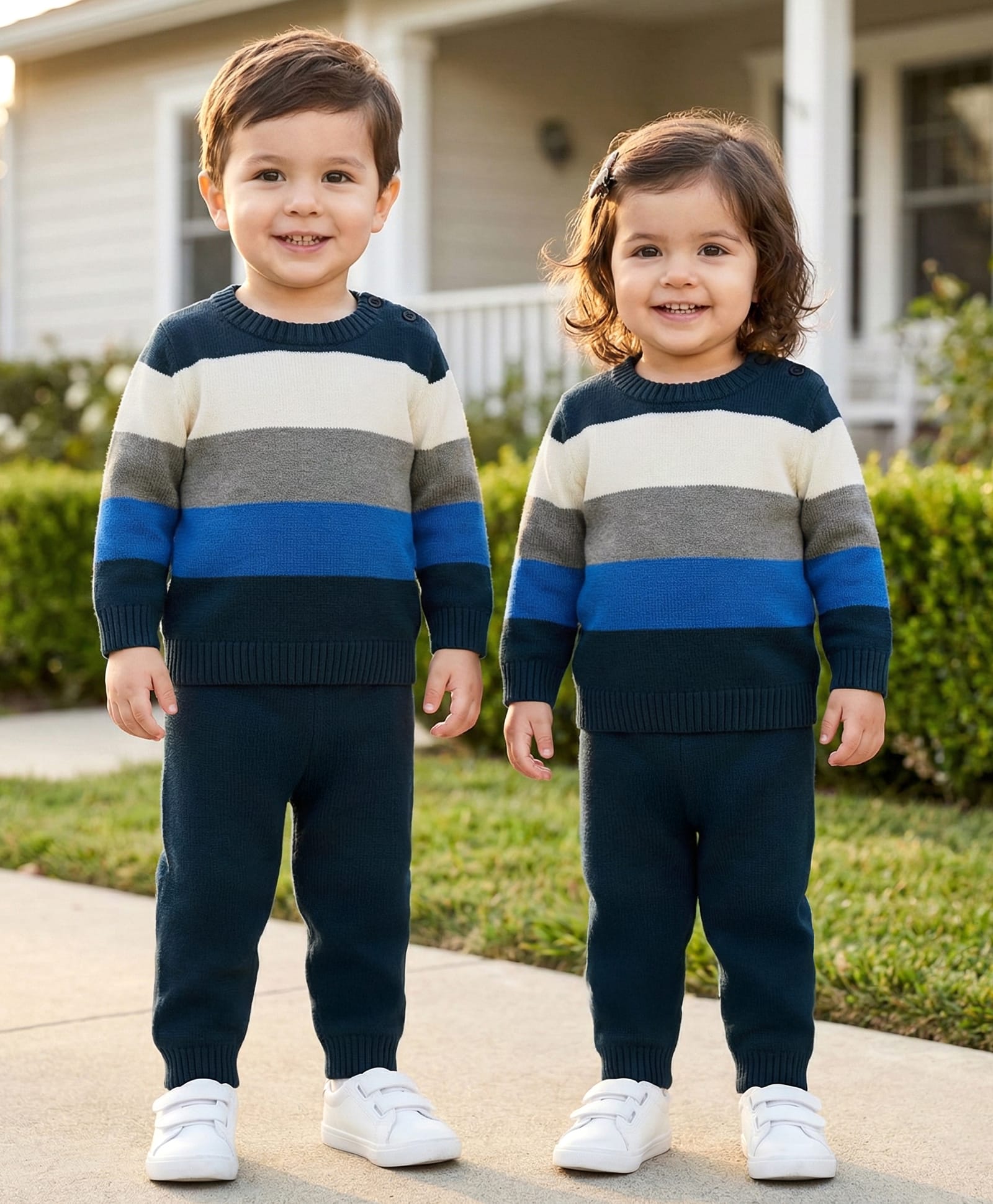 Babyhug Knit Full Sleeves Sweater Sets With Stripe Design - Navy Blue & Grey-image-26
