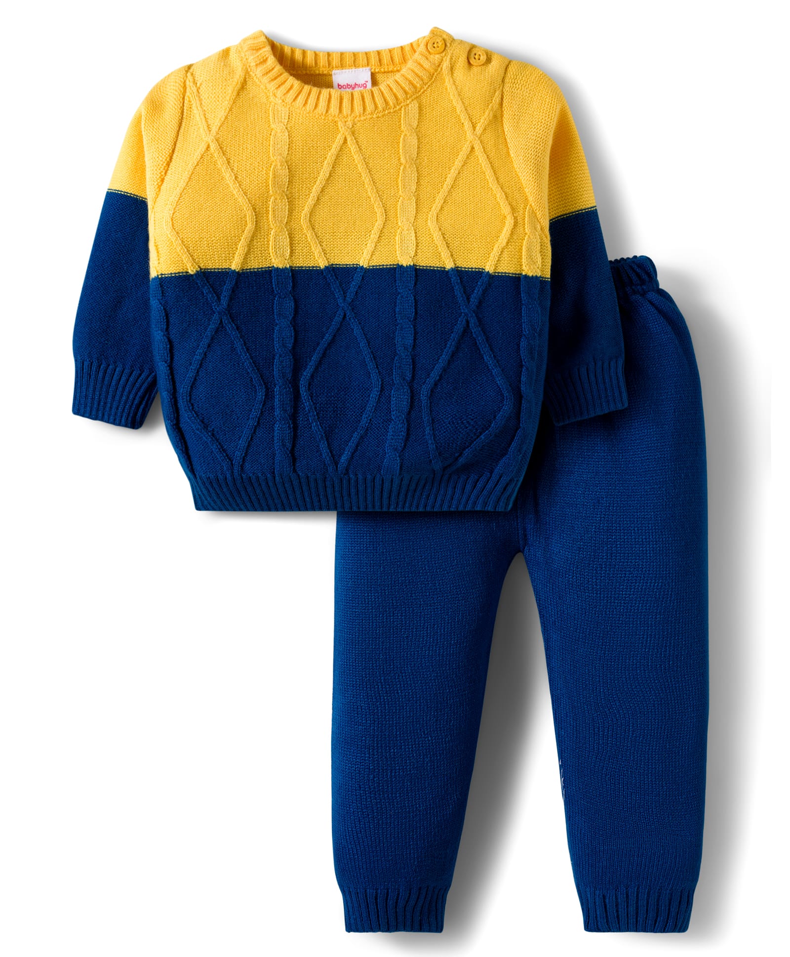 Babyhug Cotton Knit Full Sleeves Color Block Sweater Set - Yellow & Navy Blue-image-33