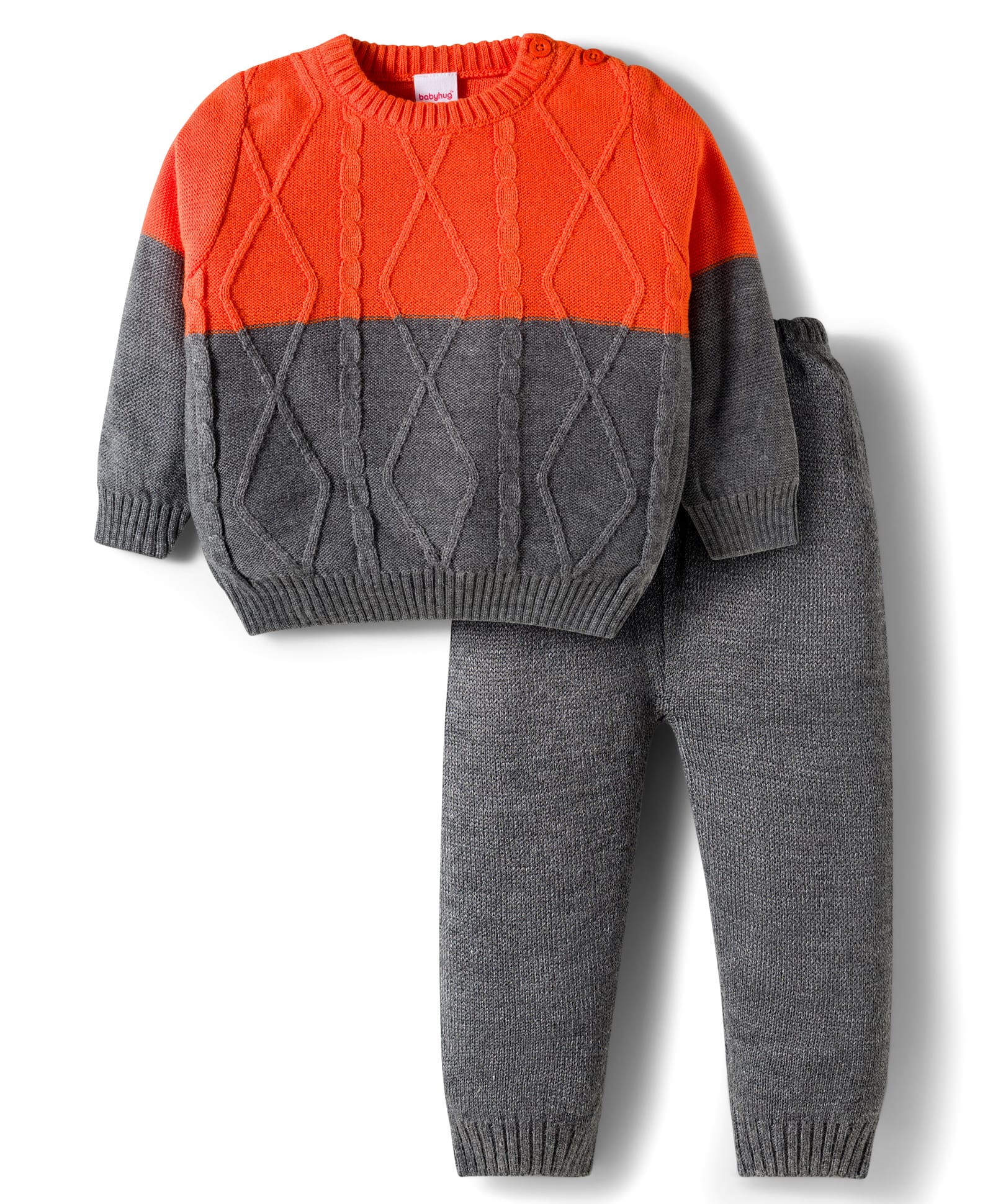 Babyhug Cotton Knit Full Sleeves Color Block Sweater Set - Orange & Grey-picture-19