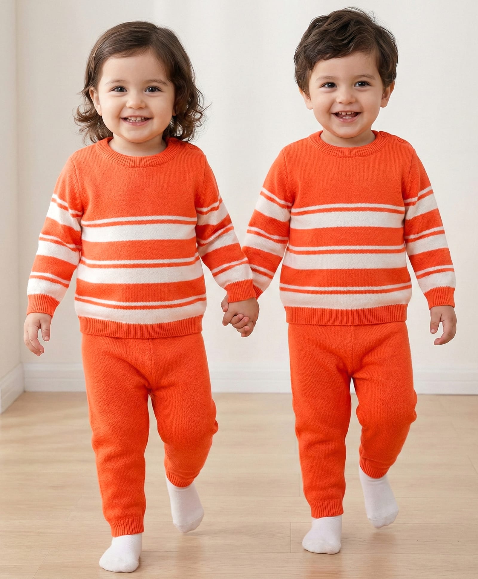 Babyhug Cotton Knit Full Sleeves Sweater Set With Stripes - Orange & White-image-8