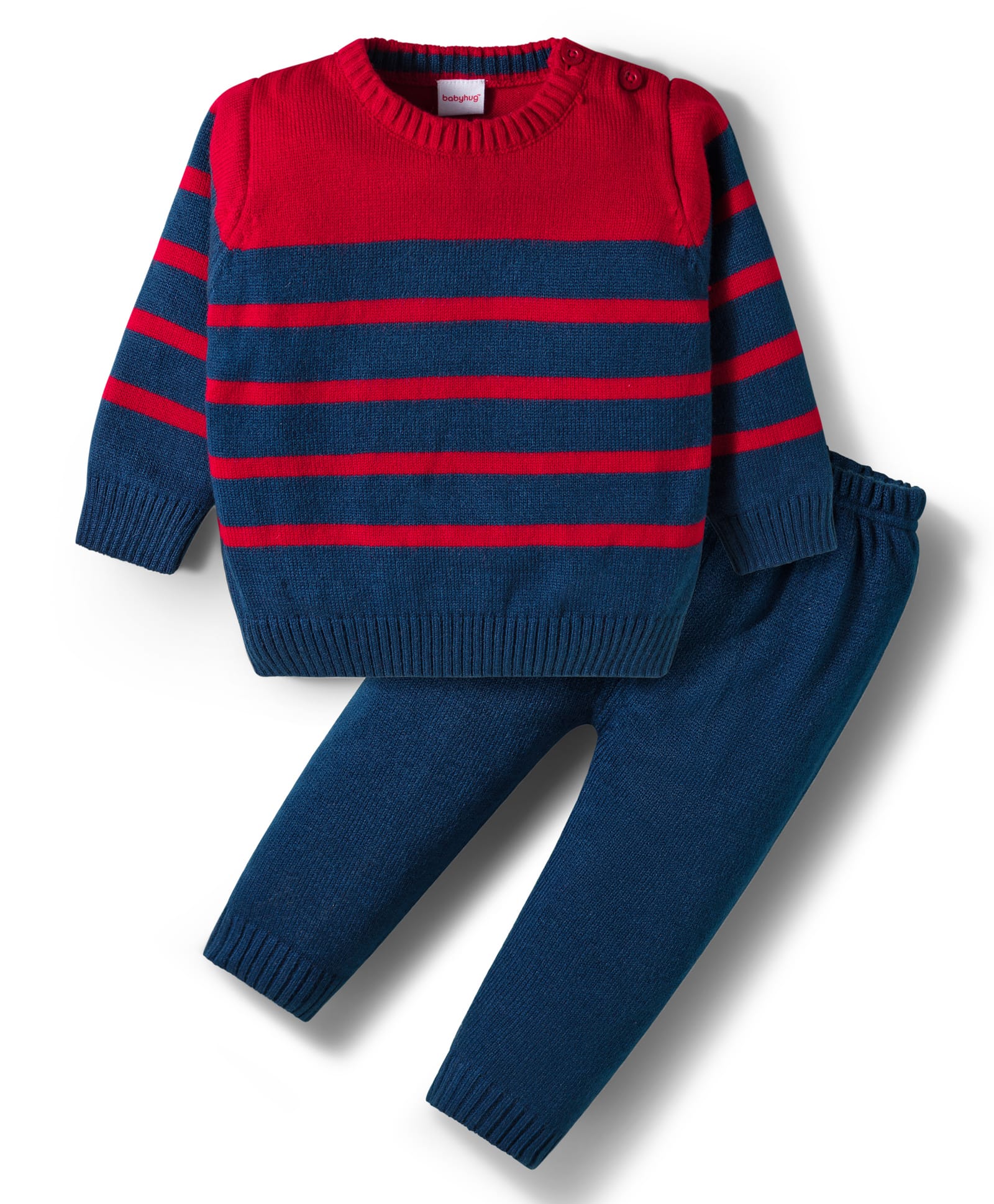 Babyhug Knit Full Sleeves Sweater Sets With Stripe Design - Navy Blue & Red-image-7