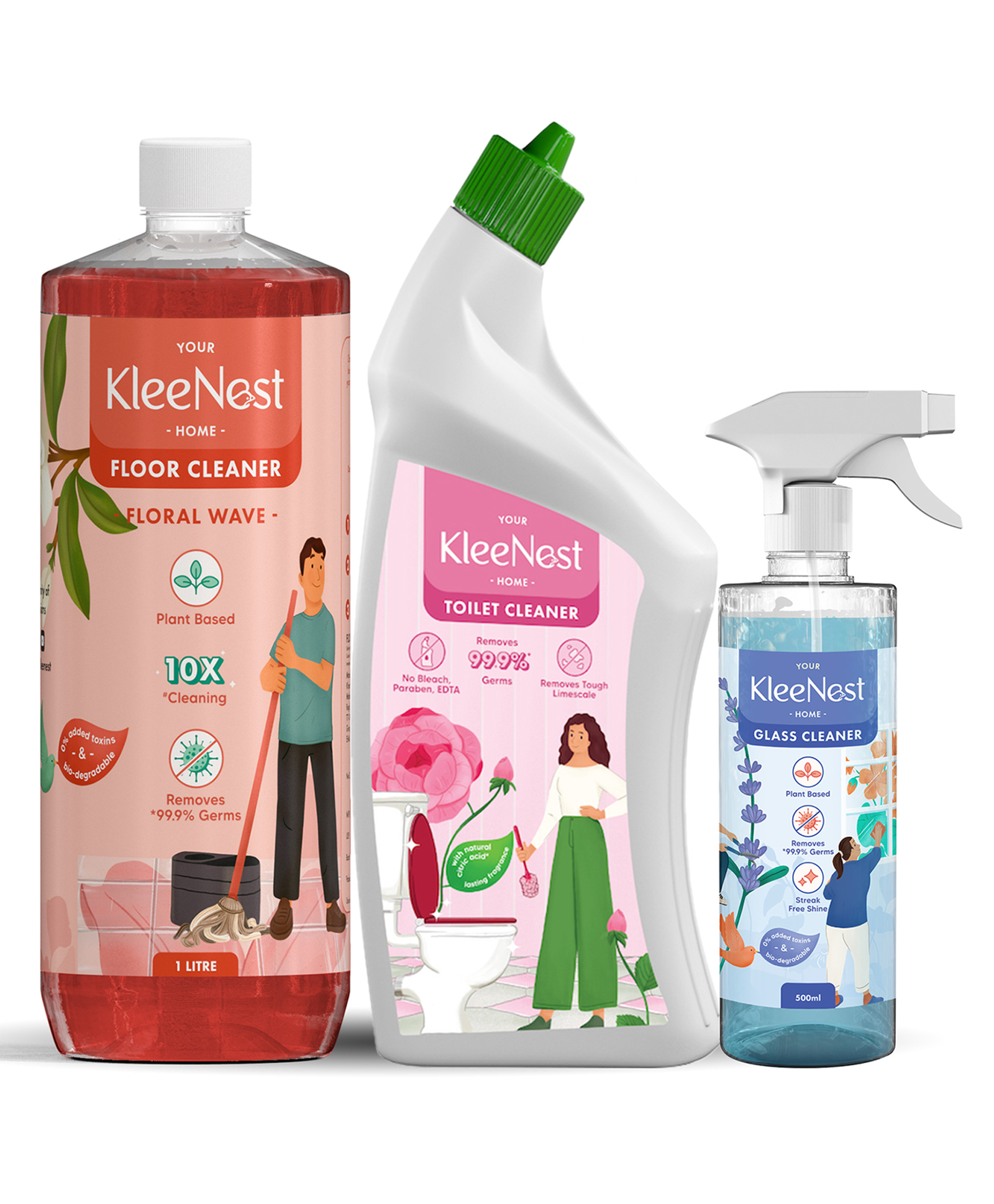 Kleenest Natural Eco-friendly Floor Cleaner Liquid 1 litre, Advanced Toilet Cleaner Liquid 1 litre, Glass & Surface Cleaner 500ml | Essential Home Cleaning Kit (Combo pack of 3)-image-35